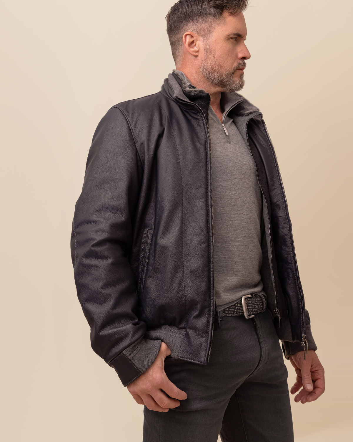 Vercelli Bomber by HYDE — naturally pebbled Italian deerskin leather texture, matte finish close-up