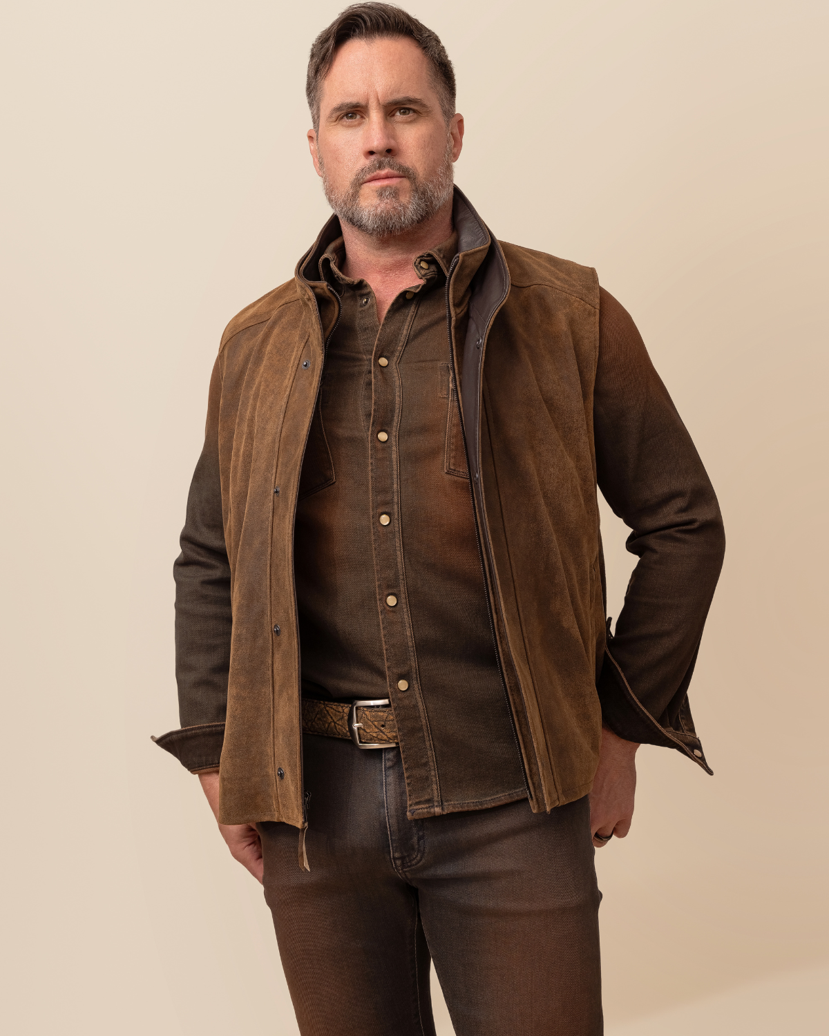 HYDE Sutter Washed Lambskin Leather Vest in Trail Dust — full front view, handmade in the USA