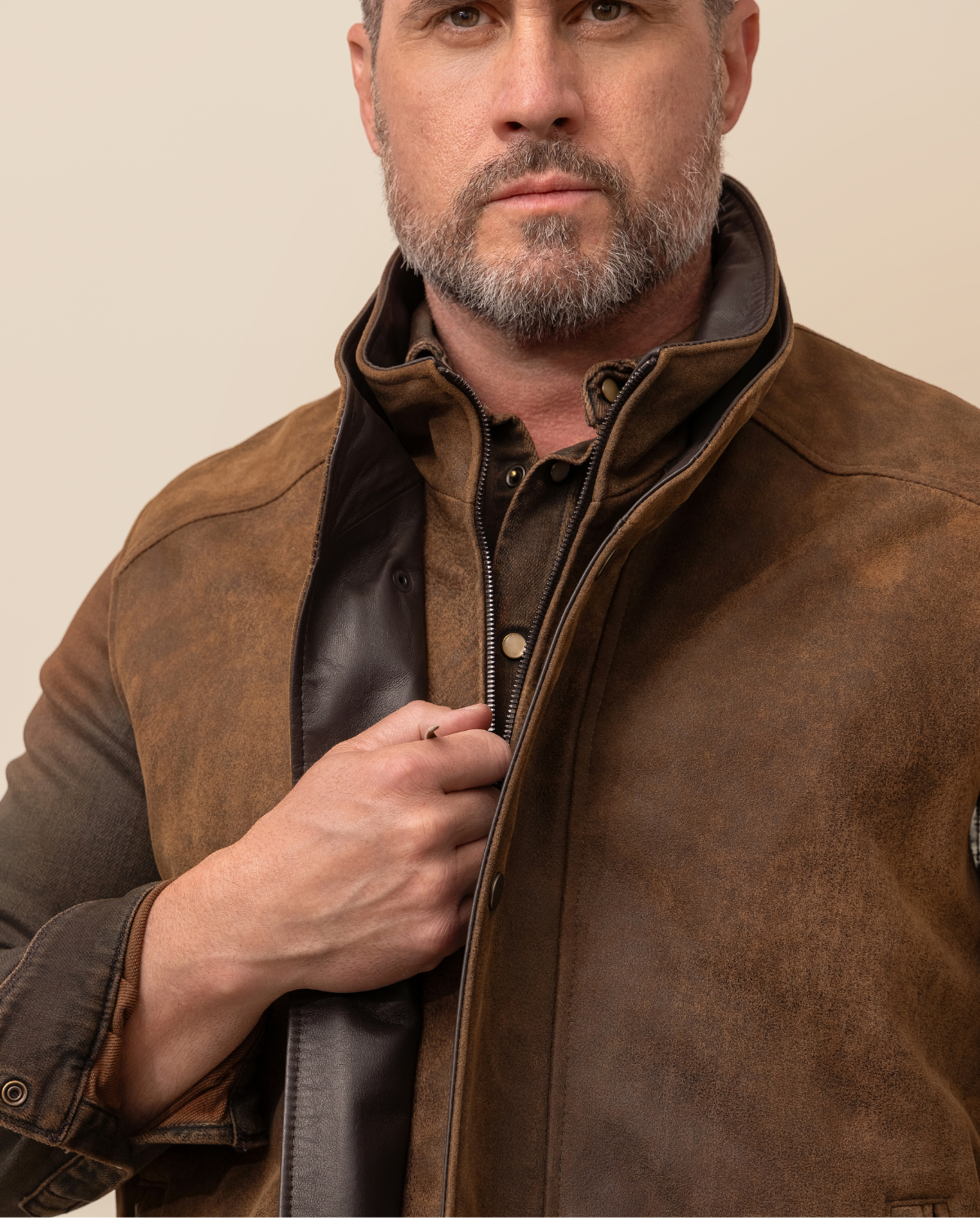 Sutter Vest by HYDE — washed Italian lambskin leather texture with matte dusty patina close-up