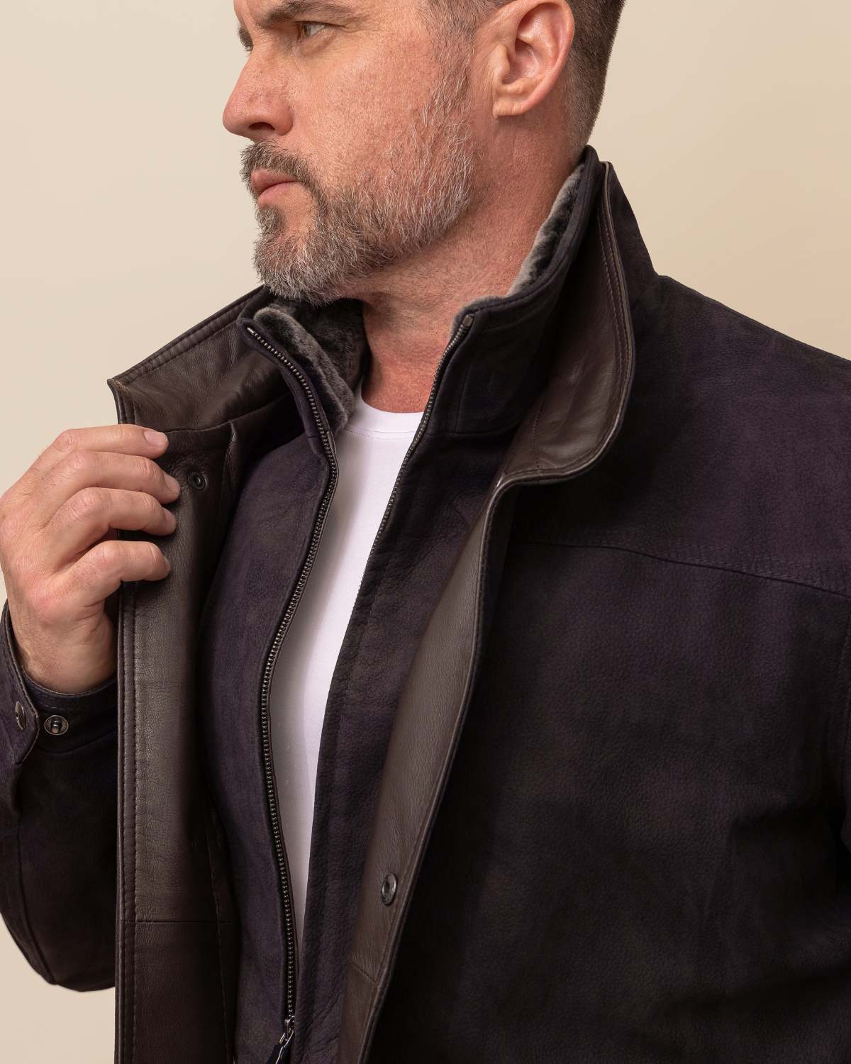 HYDE Bishop Field Jacket — detachable shearling collar detail against Ace Rustic Black calfskin pebble nubuck shell