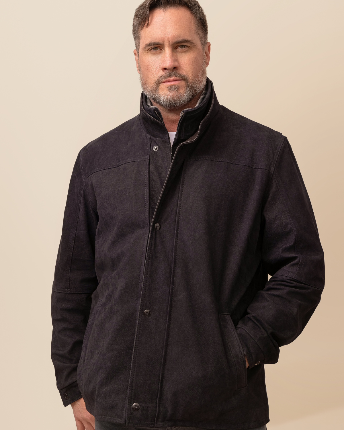 HYDE Bishop Field Jacket — rear view, Ace Rustic Black Italian calfskin pebble nubuck with adjustable cuffs and snap-zip closure