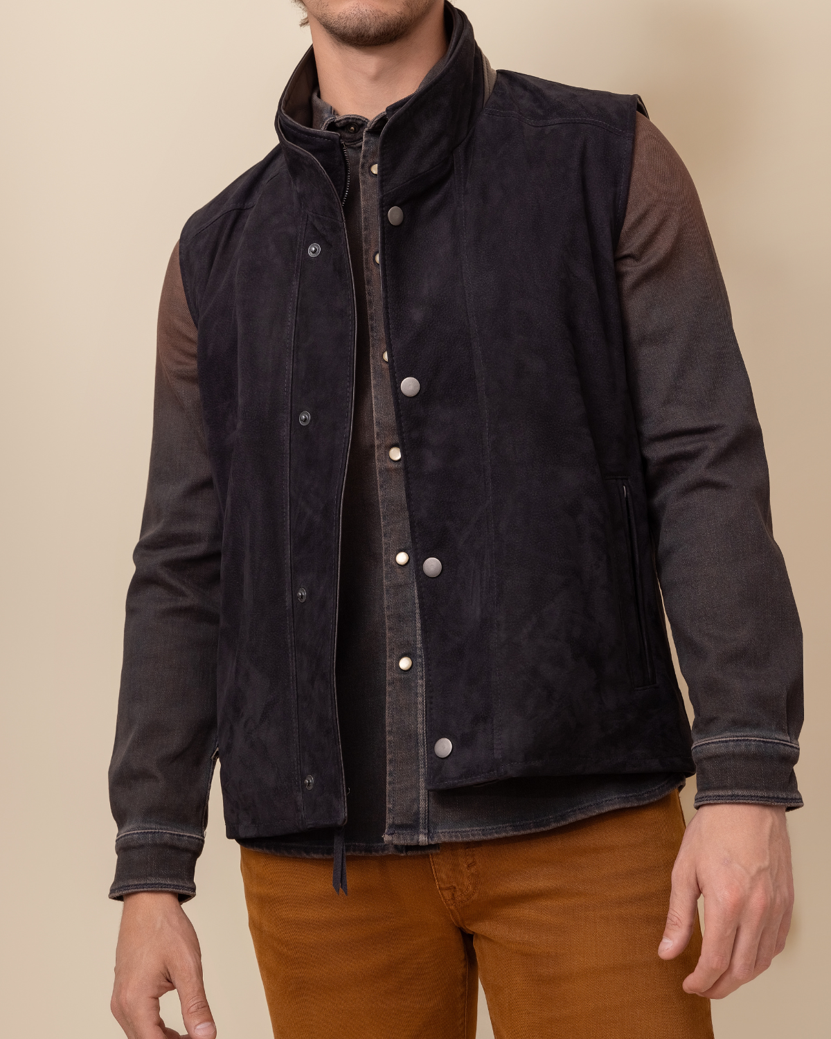 HYDE Sutter Vest — styled view, Ace Rustic Black Italian calfskin nubuck with Rustic Napa trim, western luxury layering vest