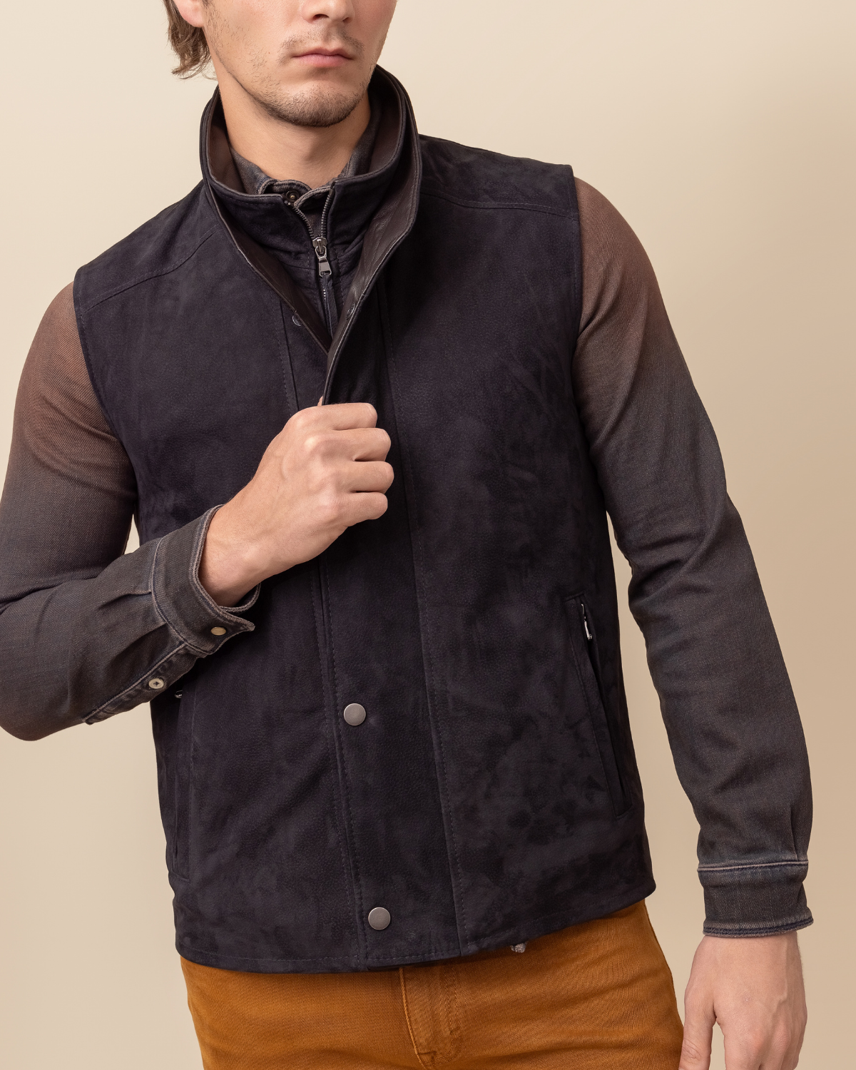 HYDE Sutter Vest — close-up of Ace Rustic Black Italian calfskin pebble nubuck texture with visible natural grain, tonal black