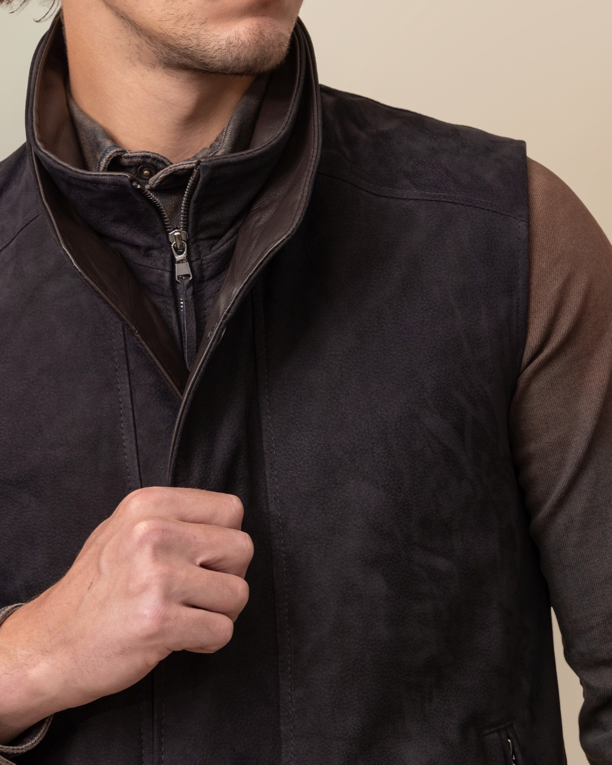 HYDE Sutter Vest — Rustic Napa collar and trim against Ace Rustic Black calfskin pebble nubuck shell, 10 stitches per inch