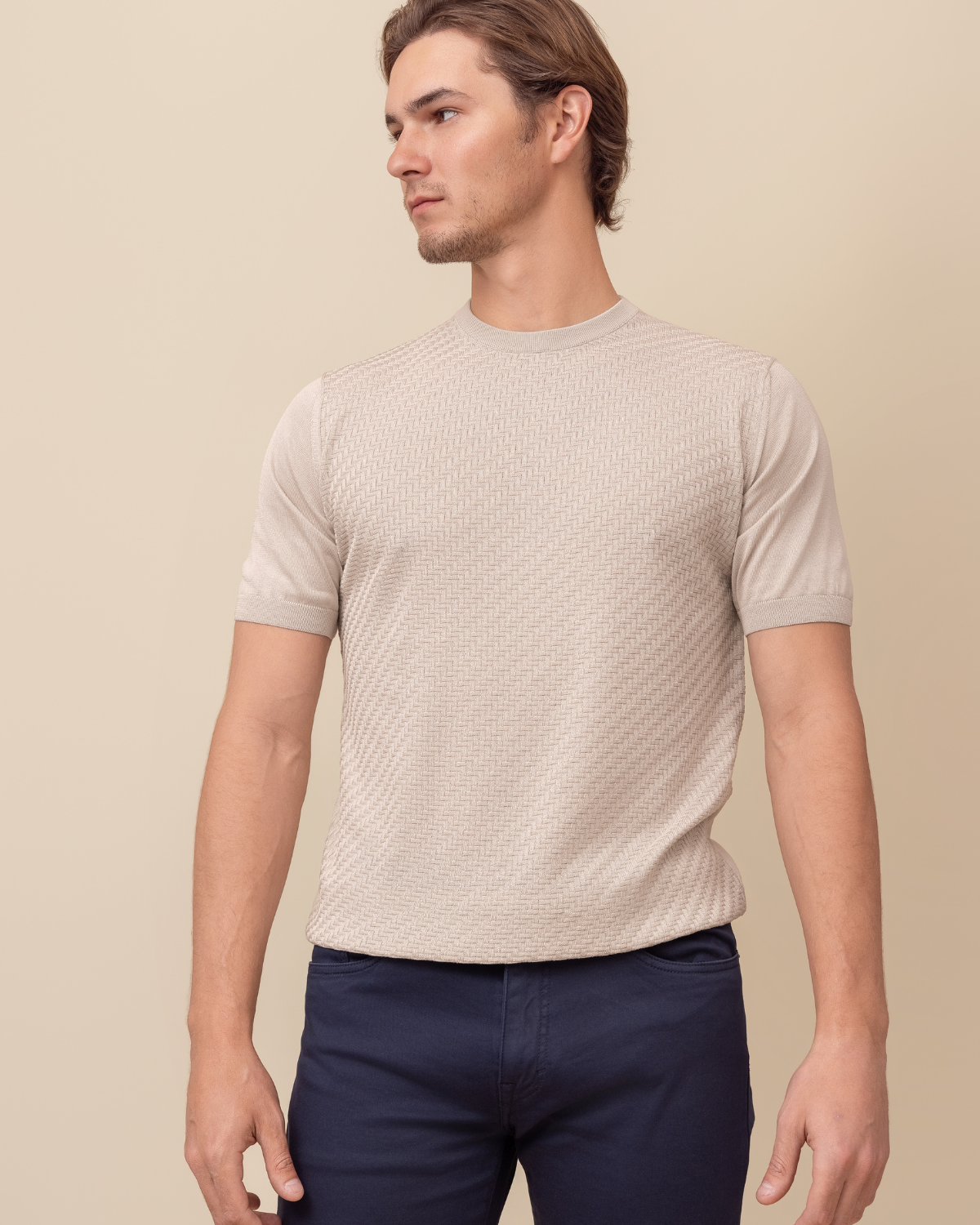 HYDE Monterosso — back view, fully fashioned silk crew sweater, tailored lightweight fit, made in Italy