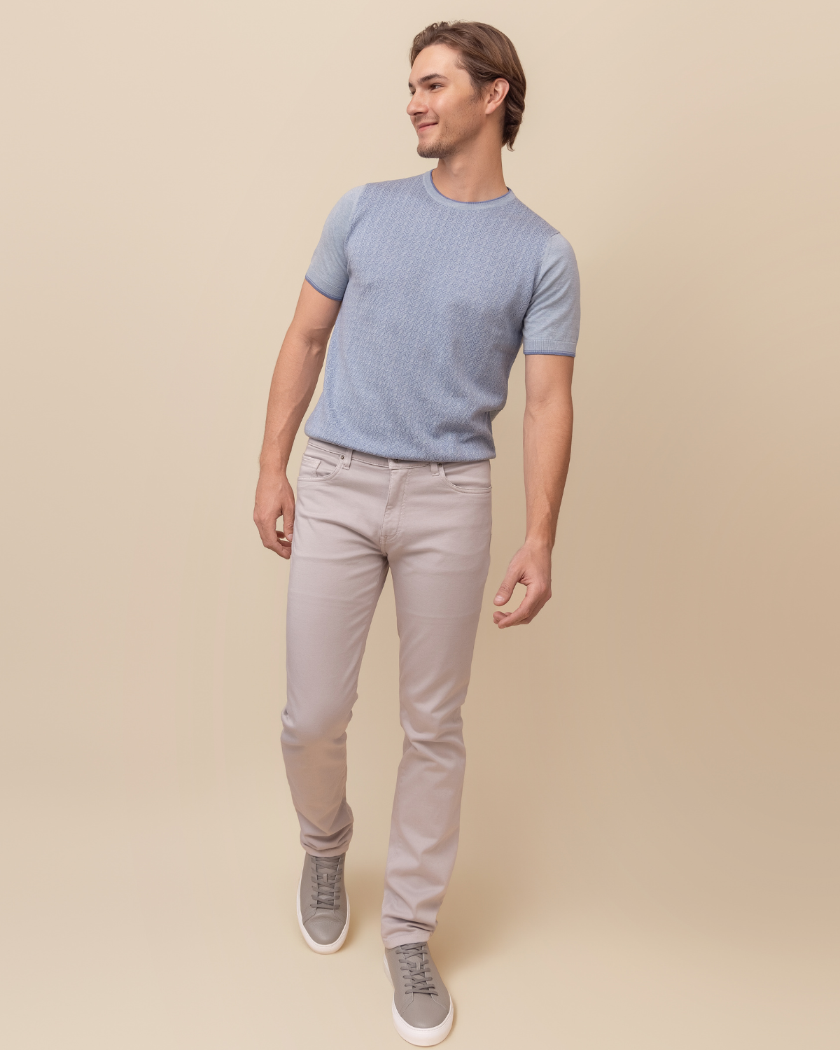 Arezzo Crew by HYDE — engineered piqué ottoman hybrid knit texture close-up, cotton silk blend, Cielo Horizon