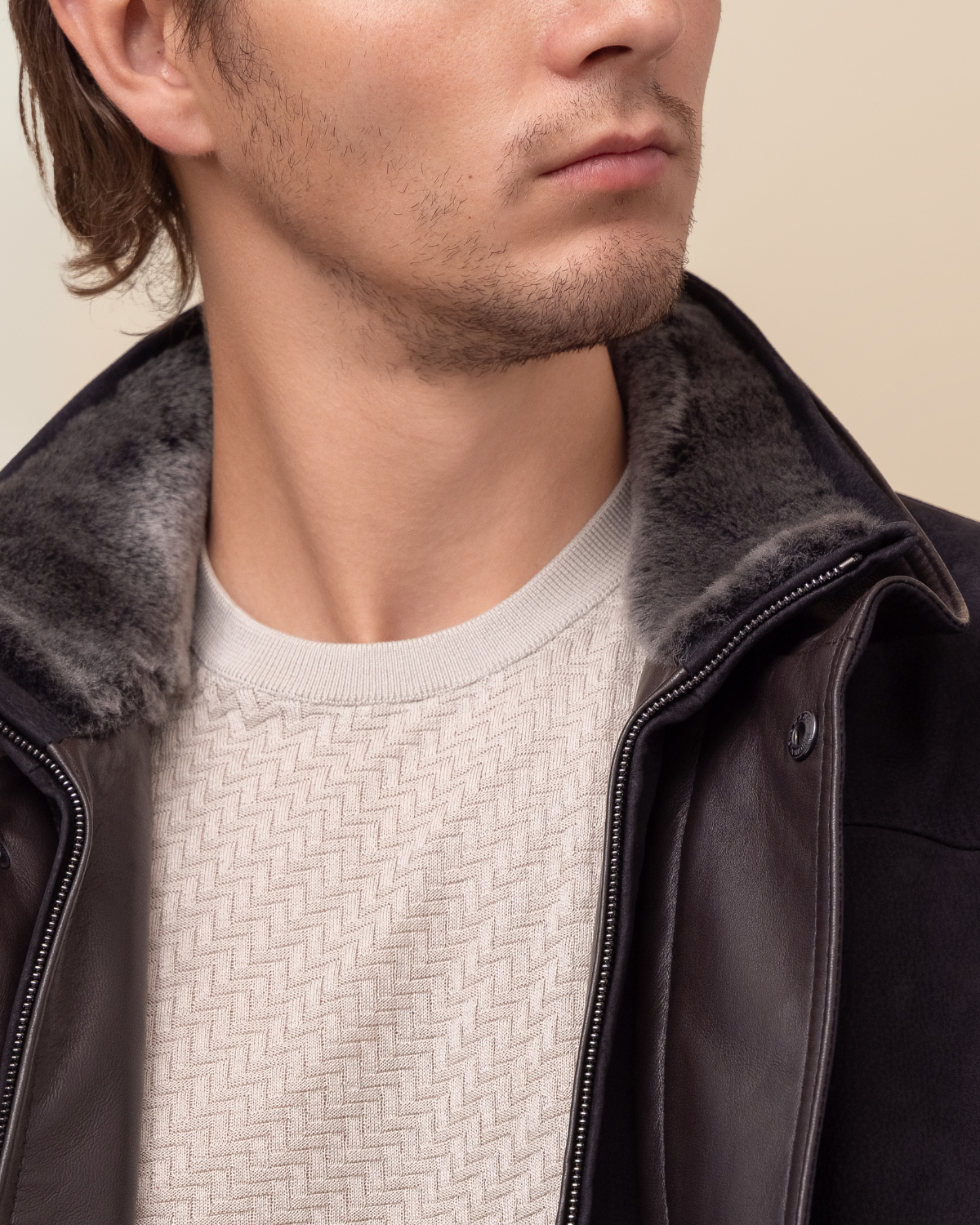 HYDE Bishop Field Jacket — detachable shearling collar shown with Ace Rustic Black calfskin nubuck shell, handcrafted in Los Angeles