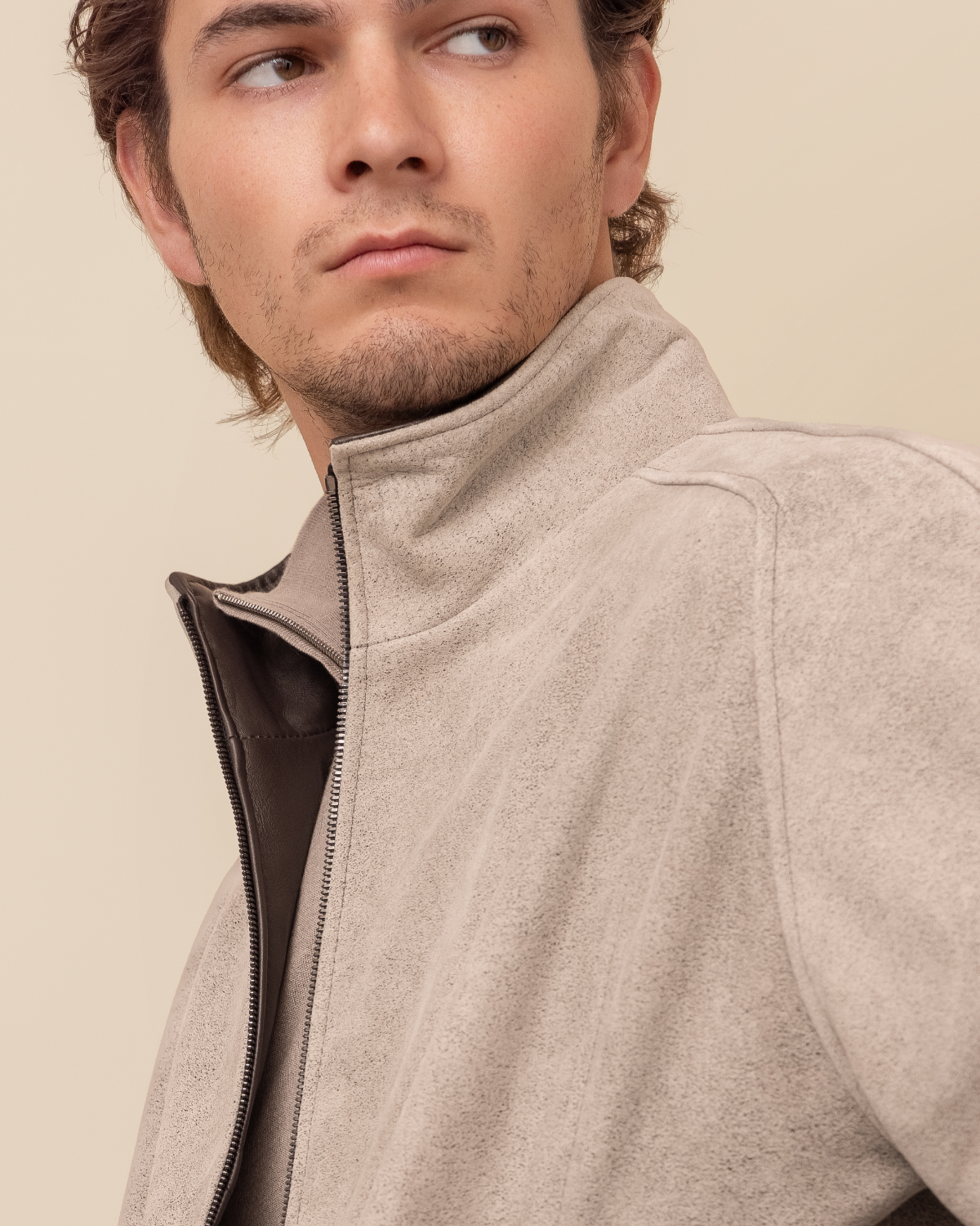 HYDE Valen Diego Rustic Grey lambskin jacket — styled full-length view, tailored fit, handcrafted in Los Angeles, sizes 36–52