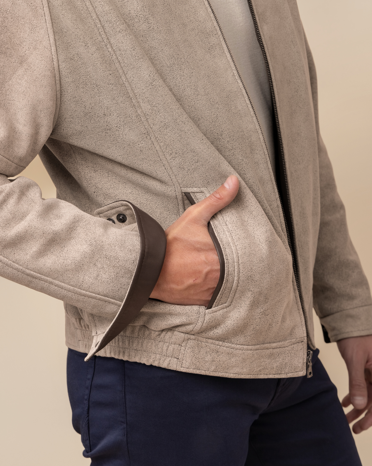 HYDE Valen — welt hand pocket, panel seam, and Rustic Napa leather trim detail, Diego Rustic Grey lambskin, 10 stitches per inch