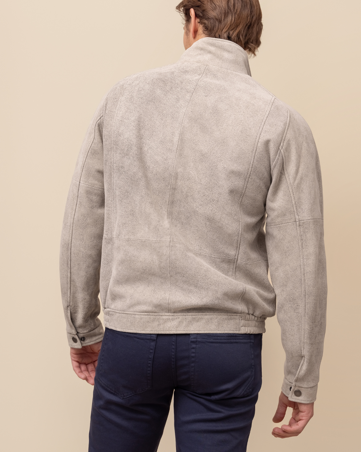 HYDE Valen — side profile showing stand collar height and Diego Rustic Grey lambskin drape, handcrafted in Los Angeles