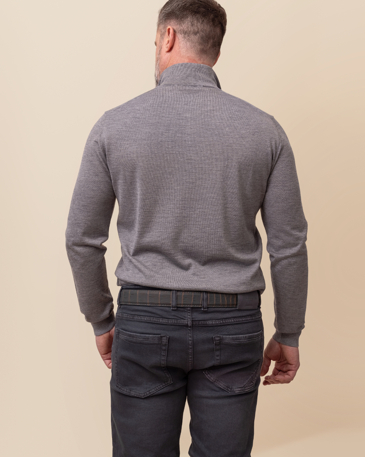 The Valdoro by HYDE — styled view, Grigio Mélange cashmere silk quarter-zip sweater, sizes M–2XL