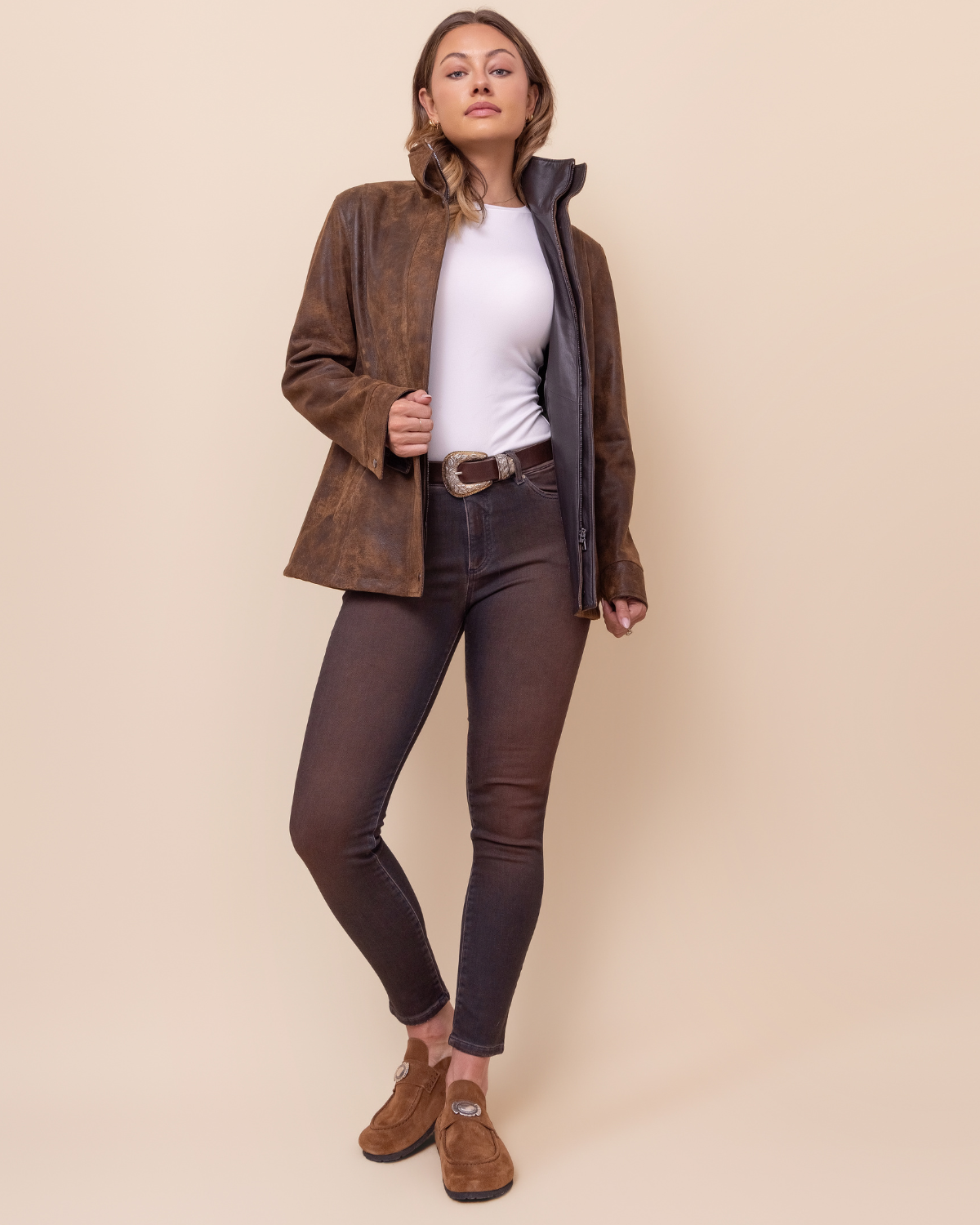 HYDE Cassia Jacket — close-up of Arizona Cognac distressed lambskin texture and tonal variation, suede-side finish