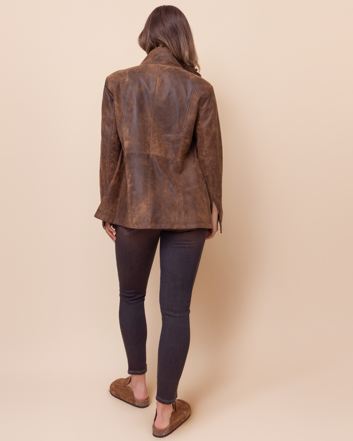 HYDE Cassia Jacket — back view showing cognac Napa inner facing, Arizona Cognac distressed lambskin, USA-made