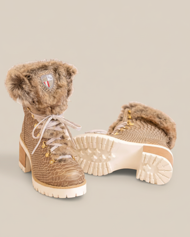 Pair of brown winter boots with fur trim on a white background