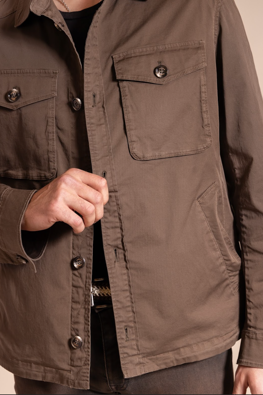 Brown jacket with button details on a neutral background