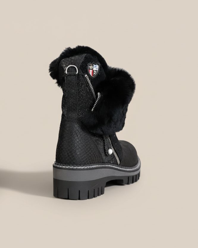 Black winter boots with fur lining on a white background