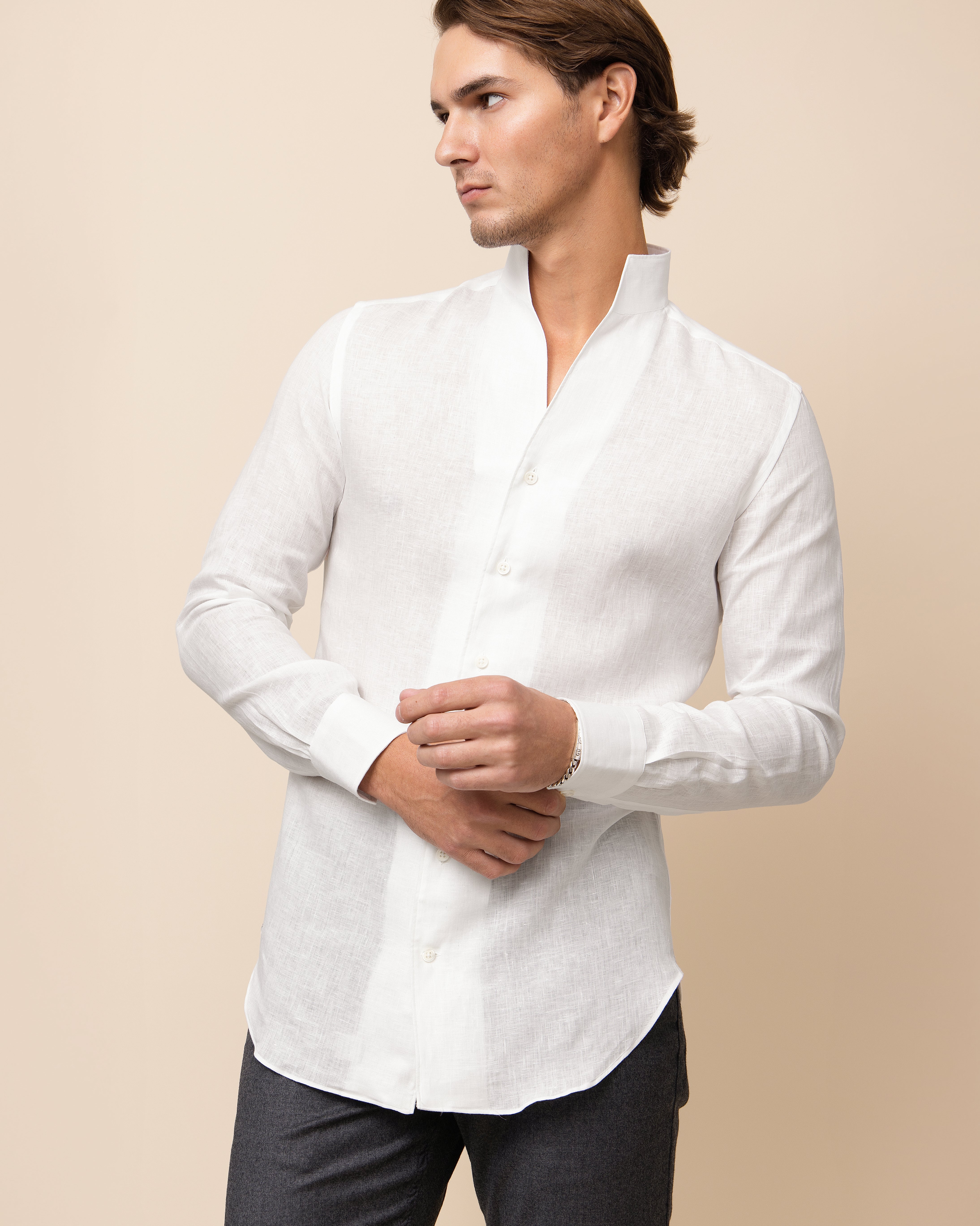 HYDE Lecce Linen Shirt in White — men's 100% Italian linen shirt with signature one-piece Italian collar, crafted in Italy