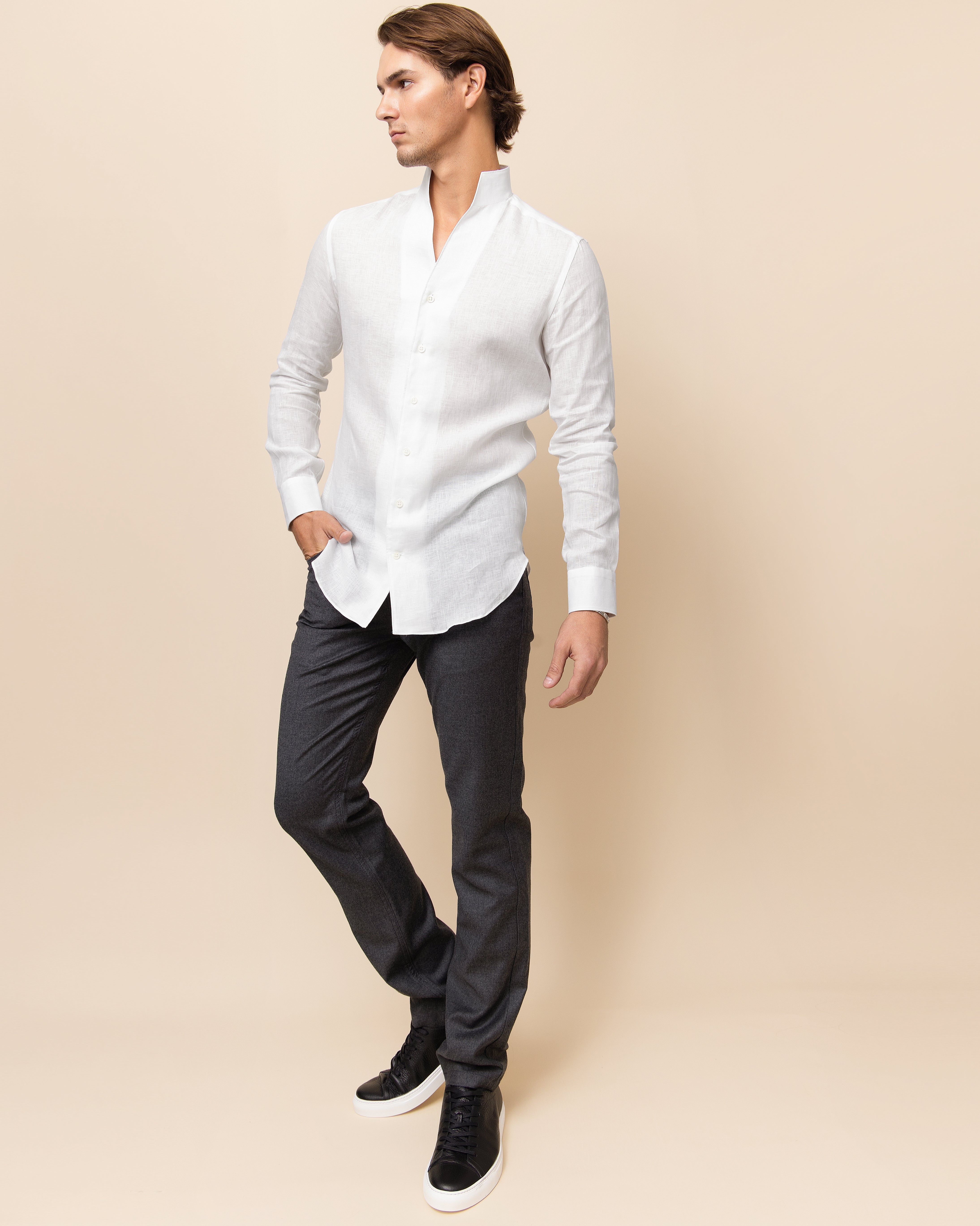 White HYDE Lecce linen shirt — natural slub texture and fluid drape in premium Italian linen shirting