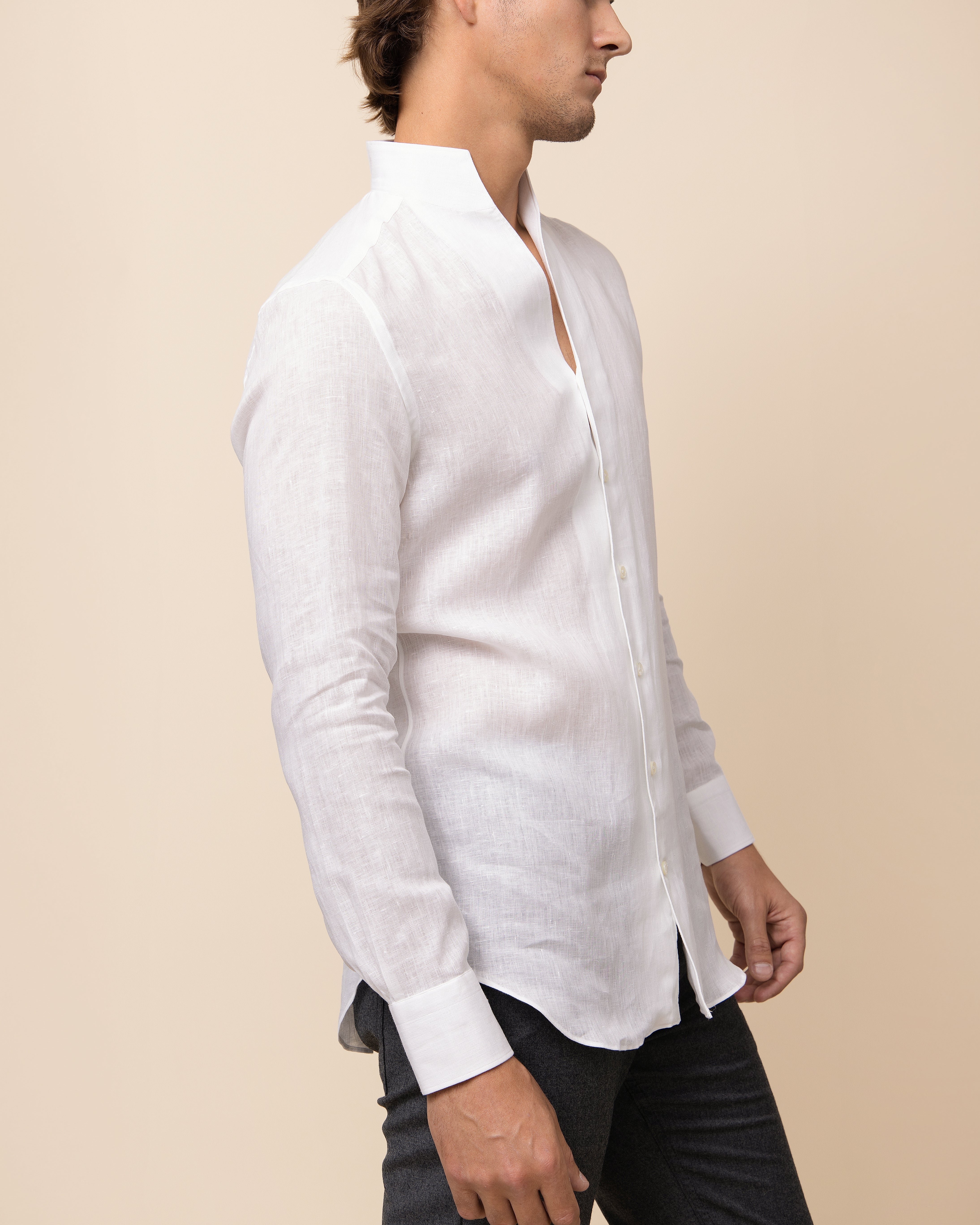 HYDE Lecce Linen Shirt in White — soft one-piece Italian collar designed to sit naturally open at the neckline