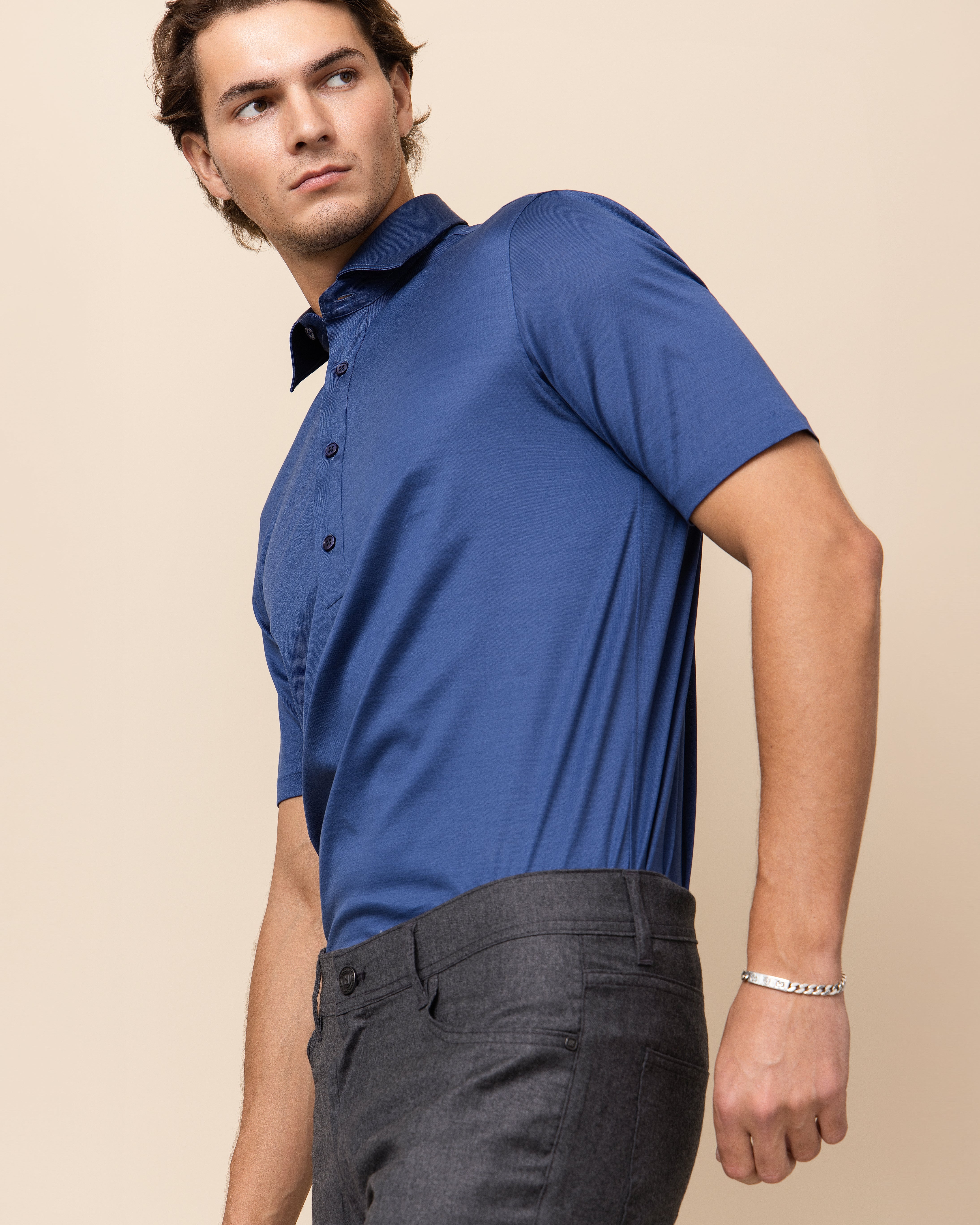 HYDE Lucca Polo, Blue Italian cotton — fluid drape and soft-touch finish for elevated resort and casual styling