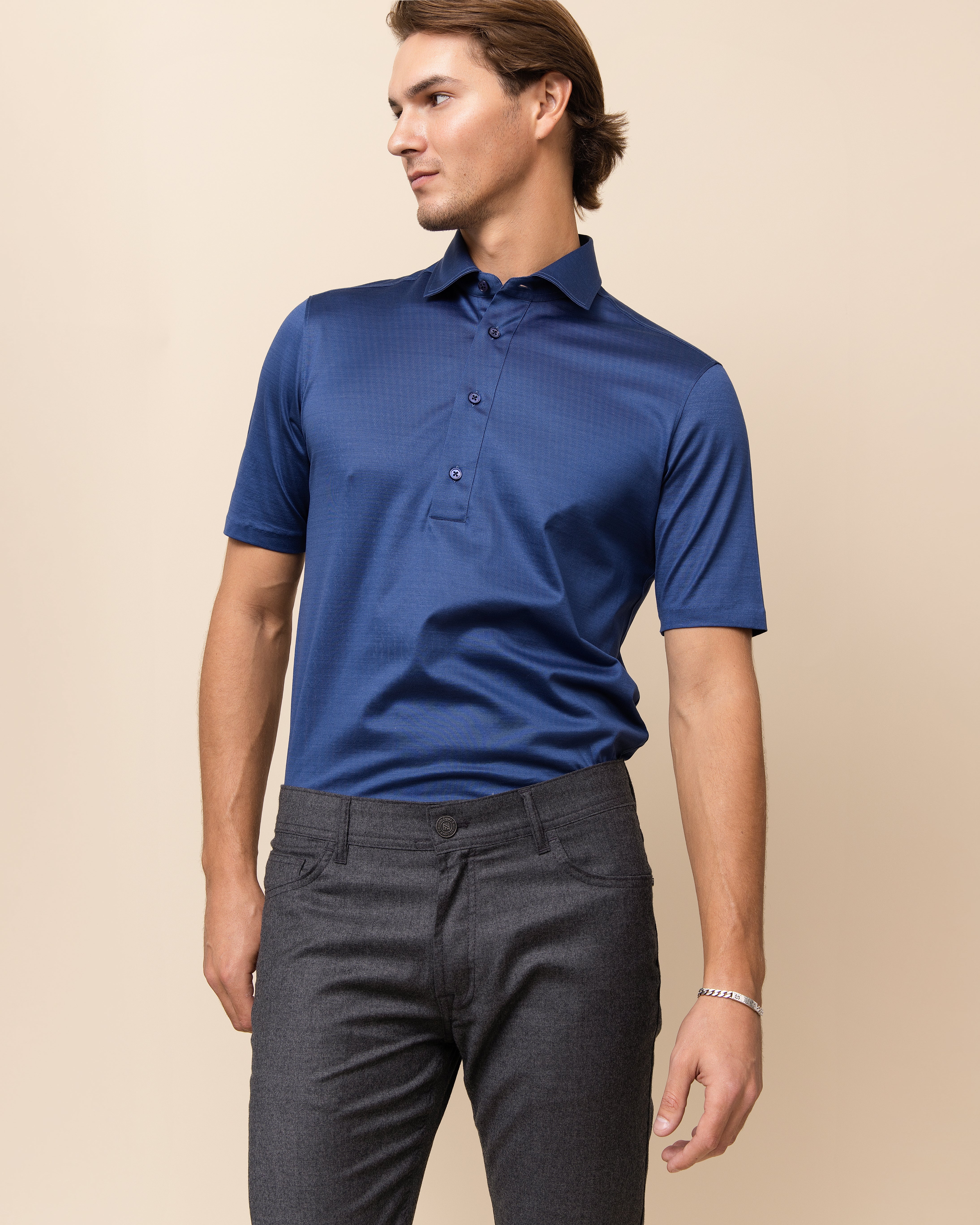 HYDE Lucca Polo in Blue Italian cotton — men's luxury short sleeve polo with tailored spread collar and four-button placket, crafted in Italy