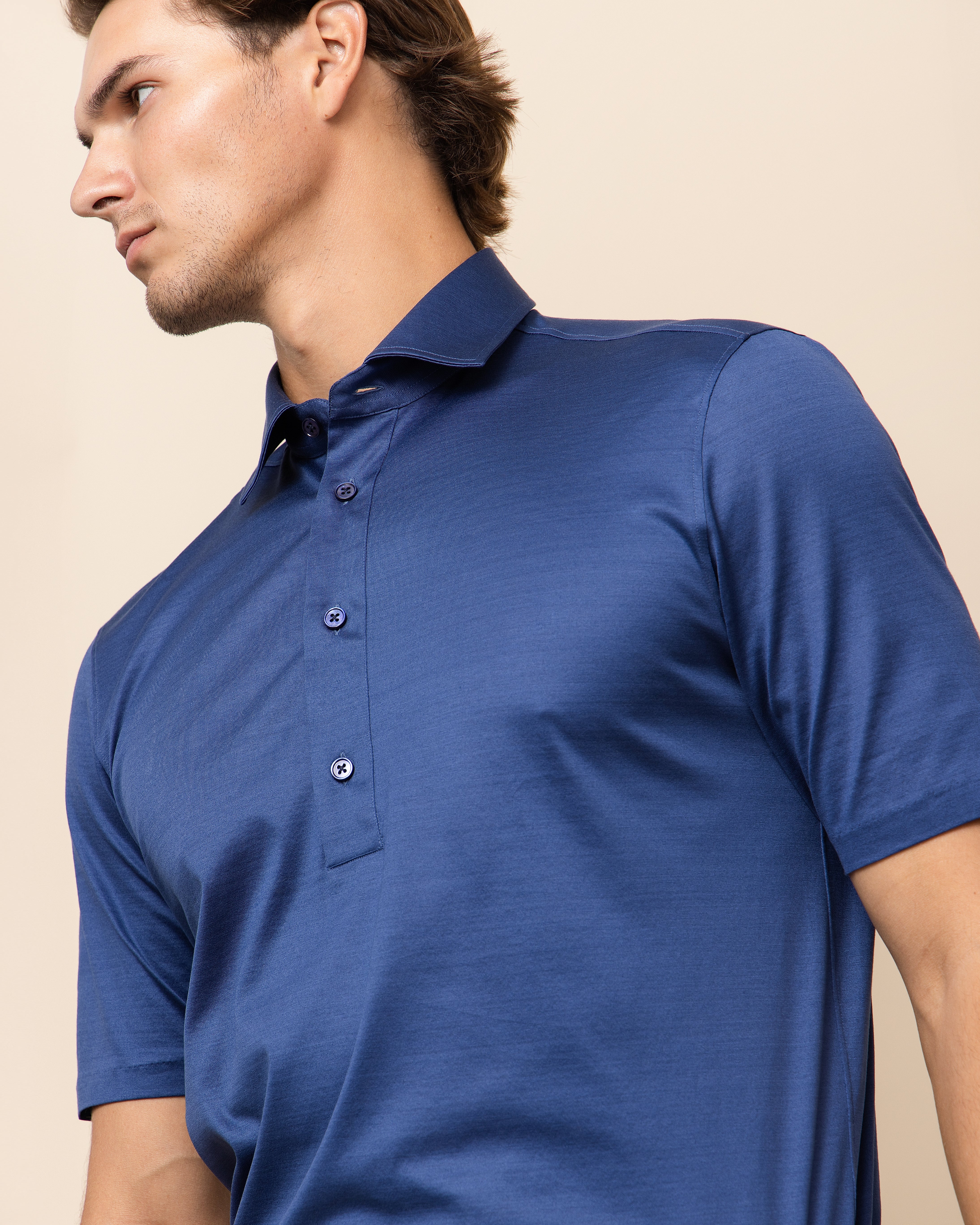 Men's HYDE Lucca Polo in Blue — four-button placket construction on luxury Italian cotton jersey
