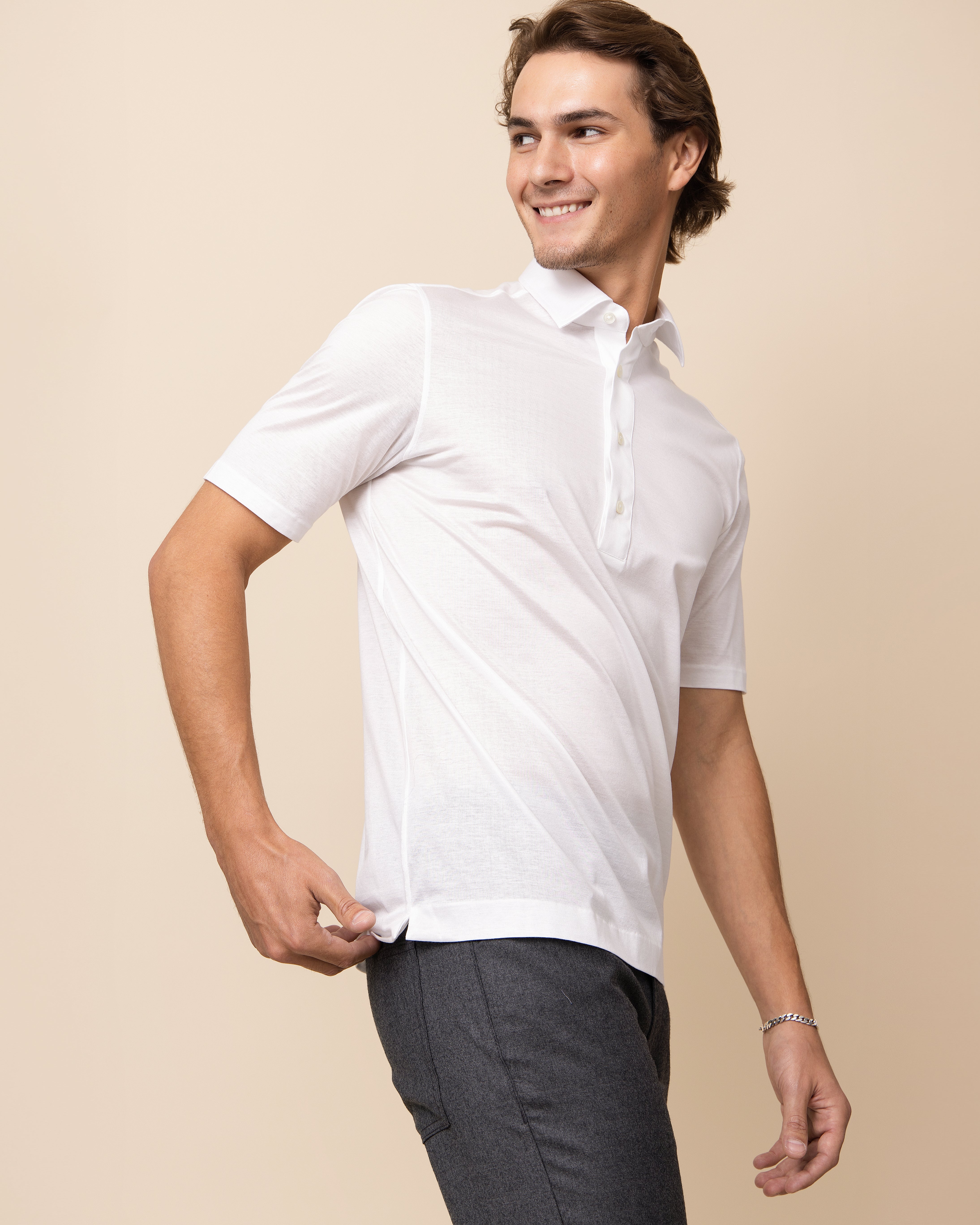 HYDE Lucca Polo in White Italian cotton — men's luxury short sleeve polo with tailored spread collar and four-button placket, crafted in Italy
