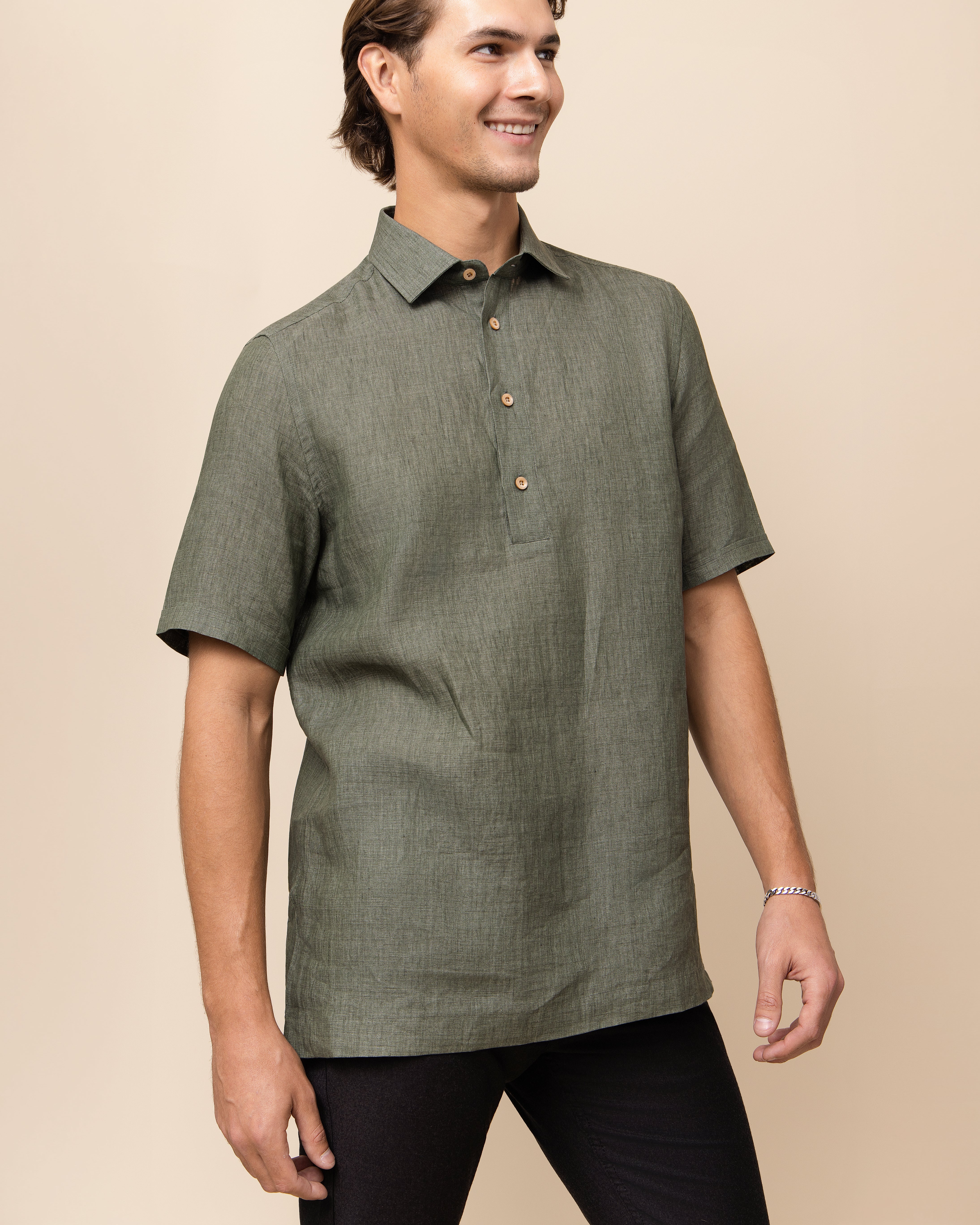 HYDE Matera Pullover Shirt in Olive Italian linen — men's short sleeve linen shirt with four-button half-placket and Italian spread collar, crafted in Italy