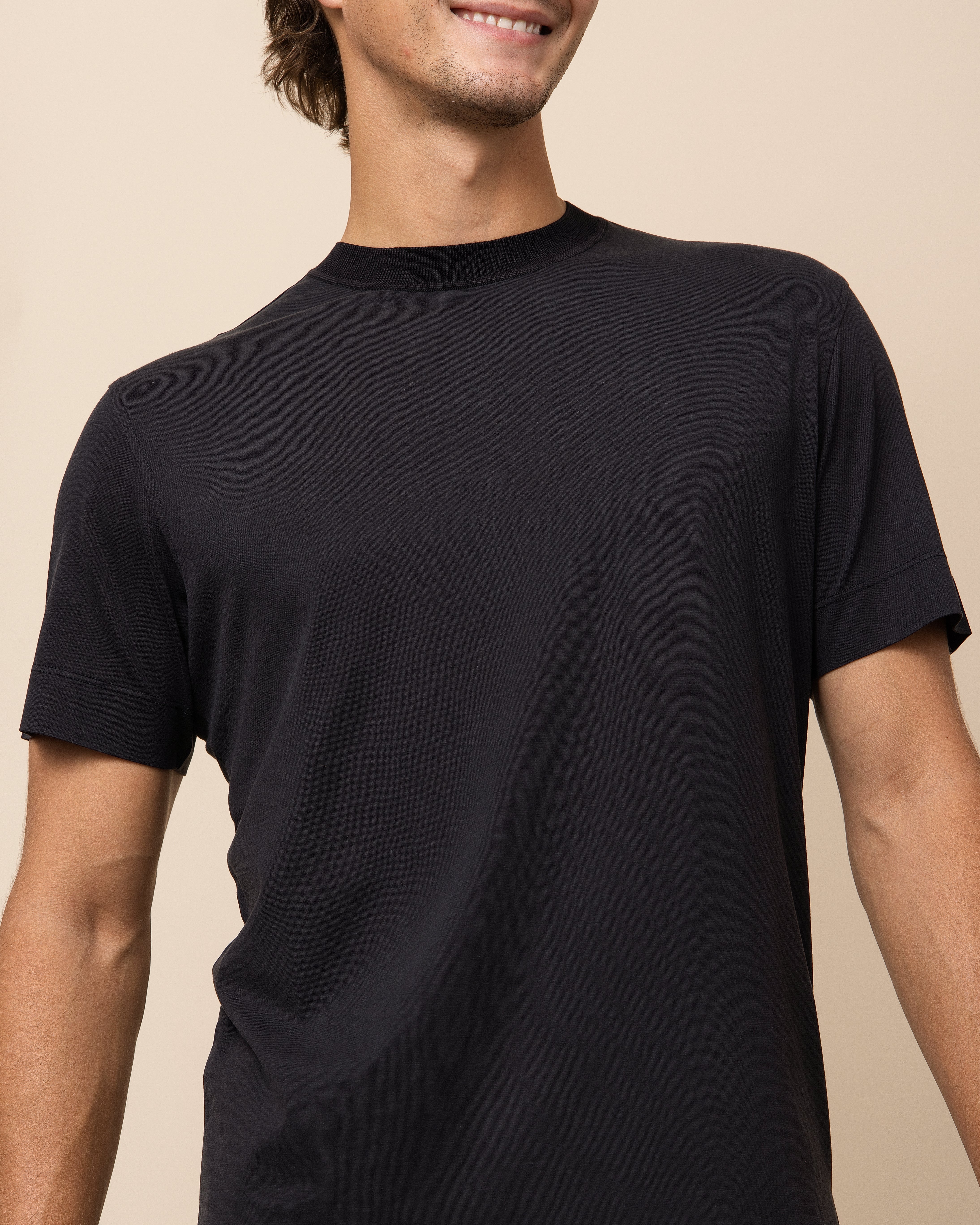 HYDE Milano Crew Neck Tee in Black — clean ribbed crew neckline on lightweight Italian silk-cotton jersey
