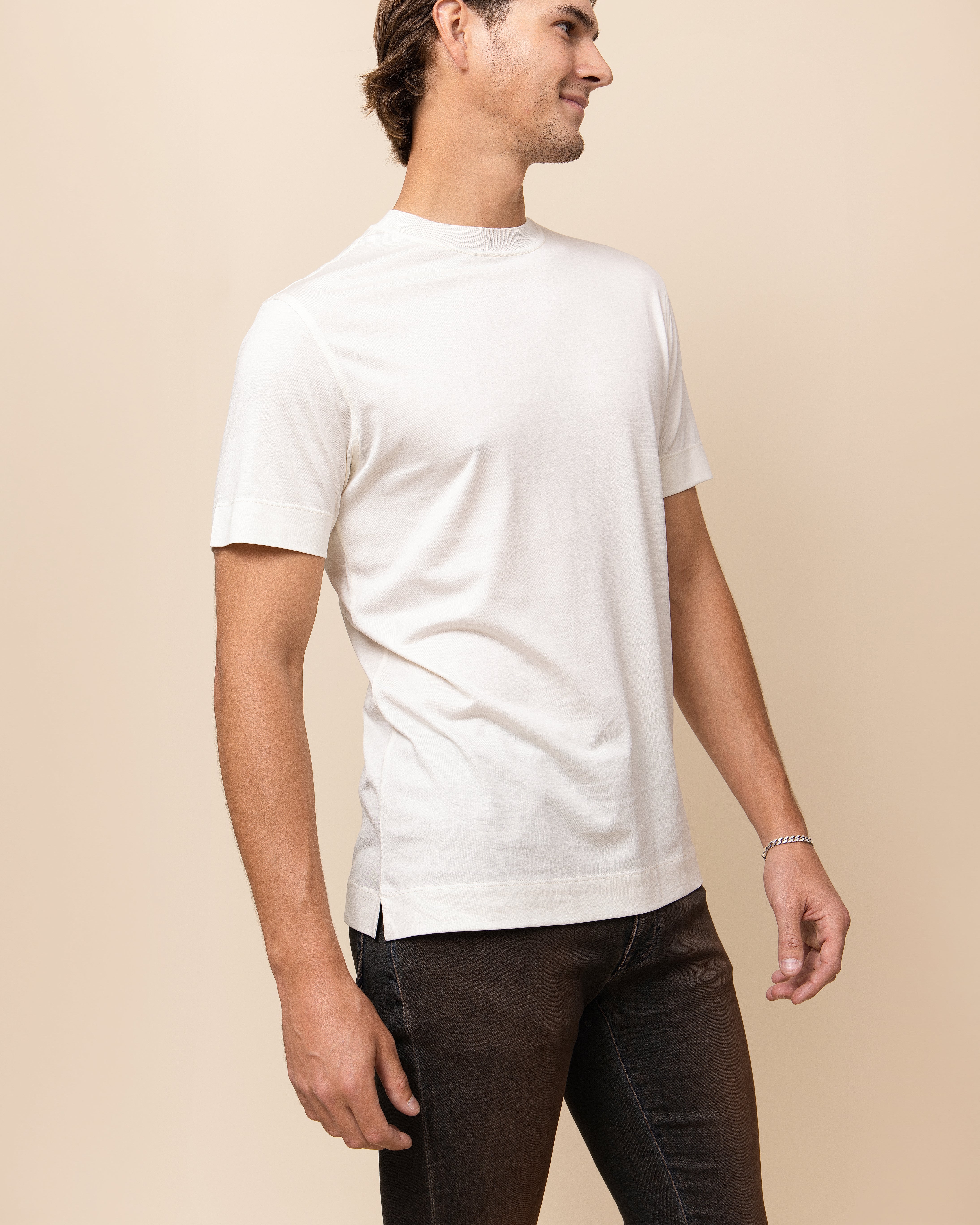 HYDE Milano men's luxury tee in off-white, silk-cotton fabric drape with subtle natural sheen