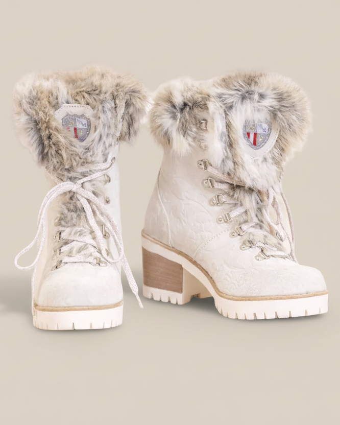 Alisa Off White Fur-Trimmed Croc Embossed Leather Winter Boots | Luxury Heeled Boots
