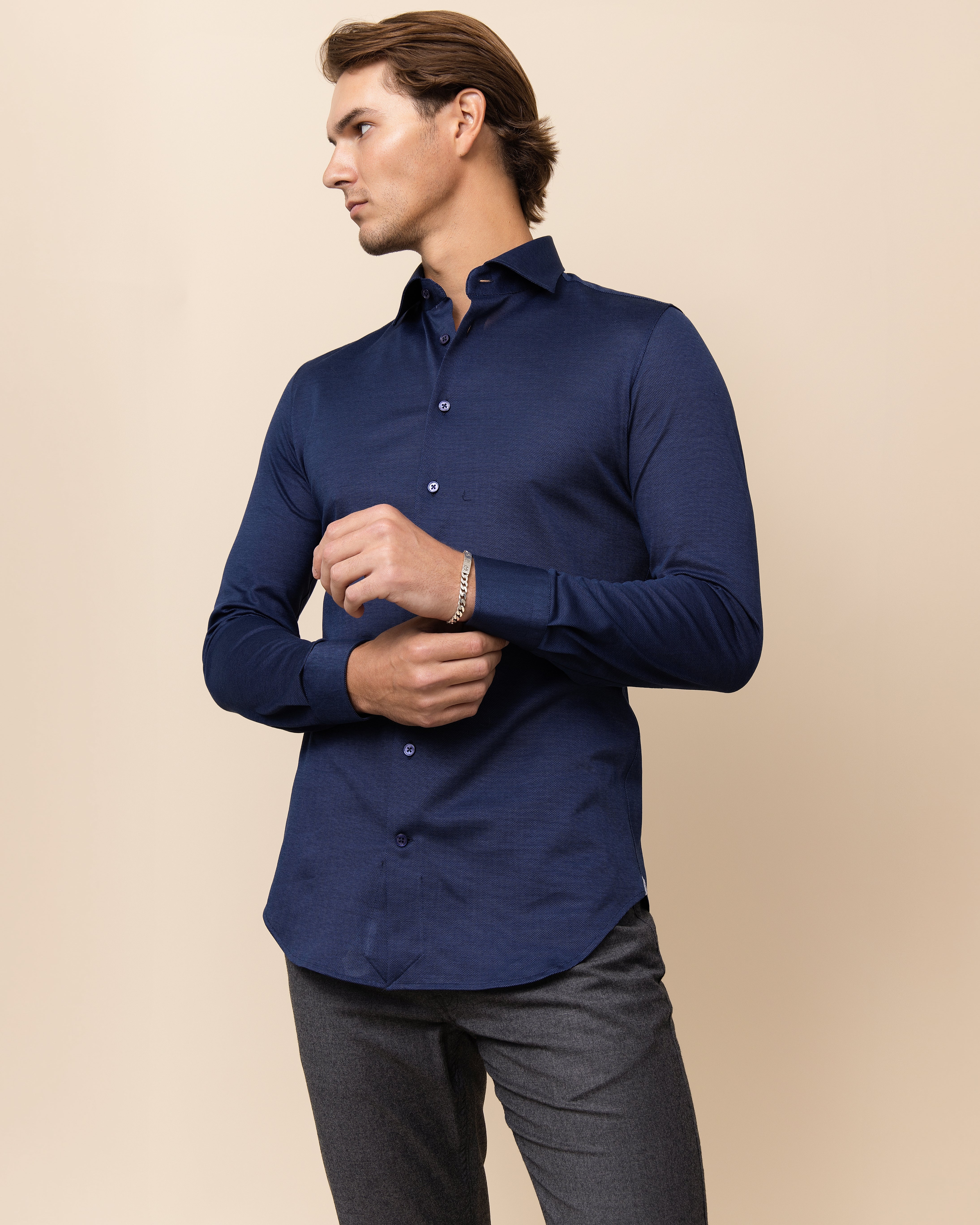 HYDE Orvieto Knit Shirt in Navy Italian cotton — men's luxury long sleeve knit shirt with spread collar and full button front, crafted in Italy