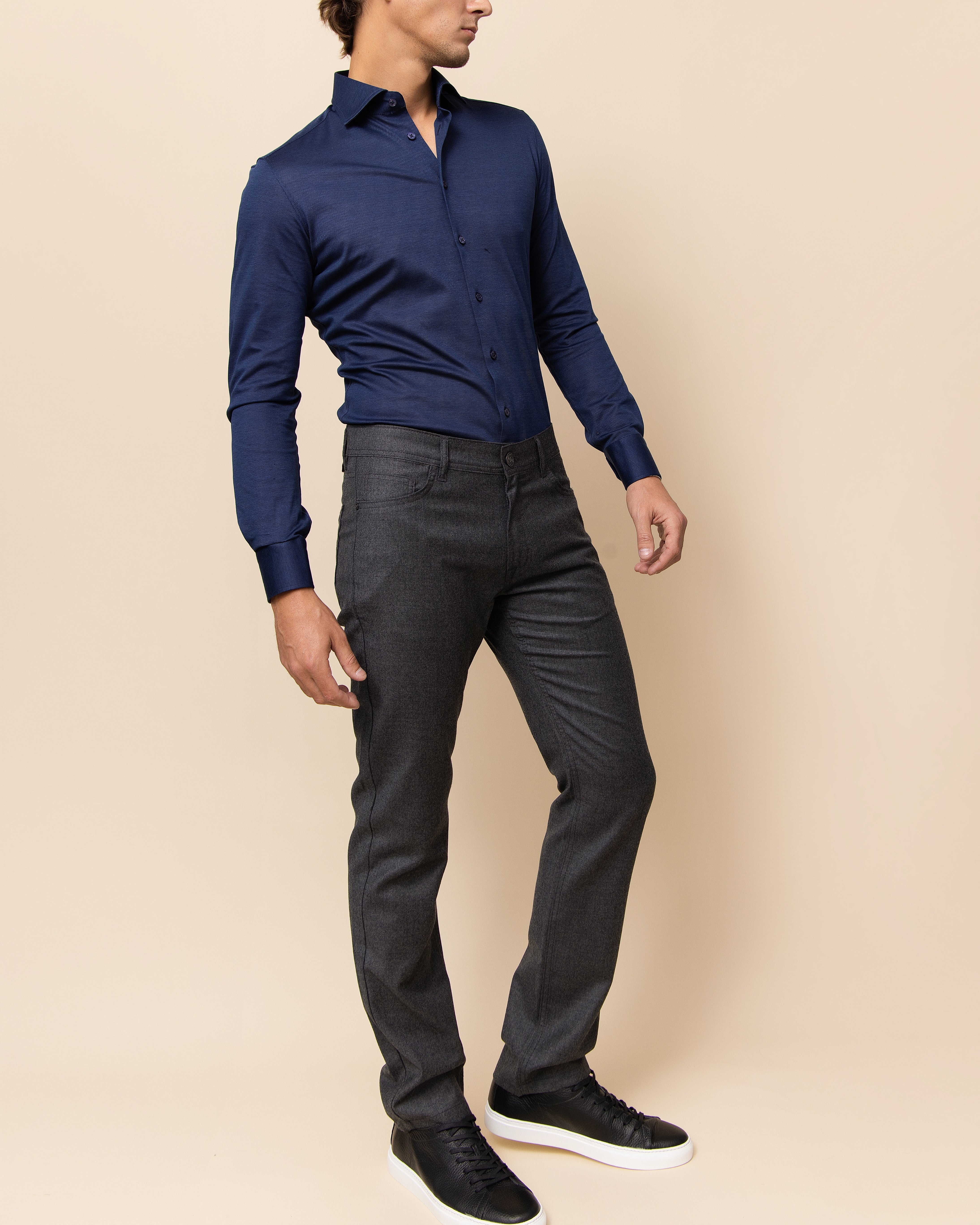 Navy HYDE Orvieto knit shirt — refined micro-textured Italian cotton knit giving the deep navy surface dimensional depth