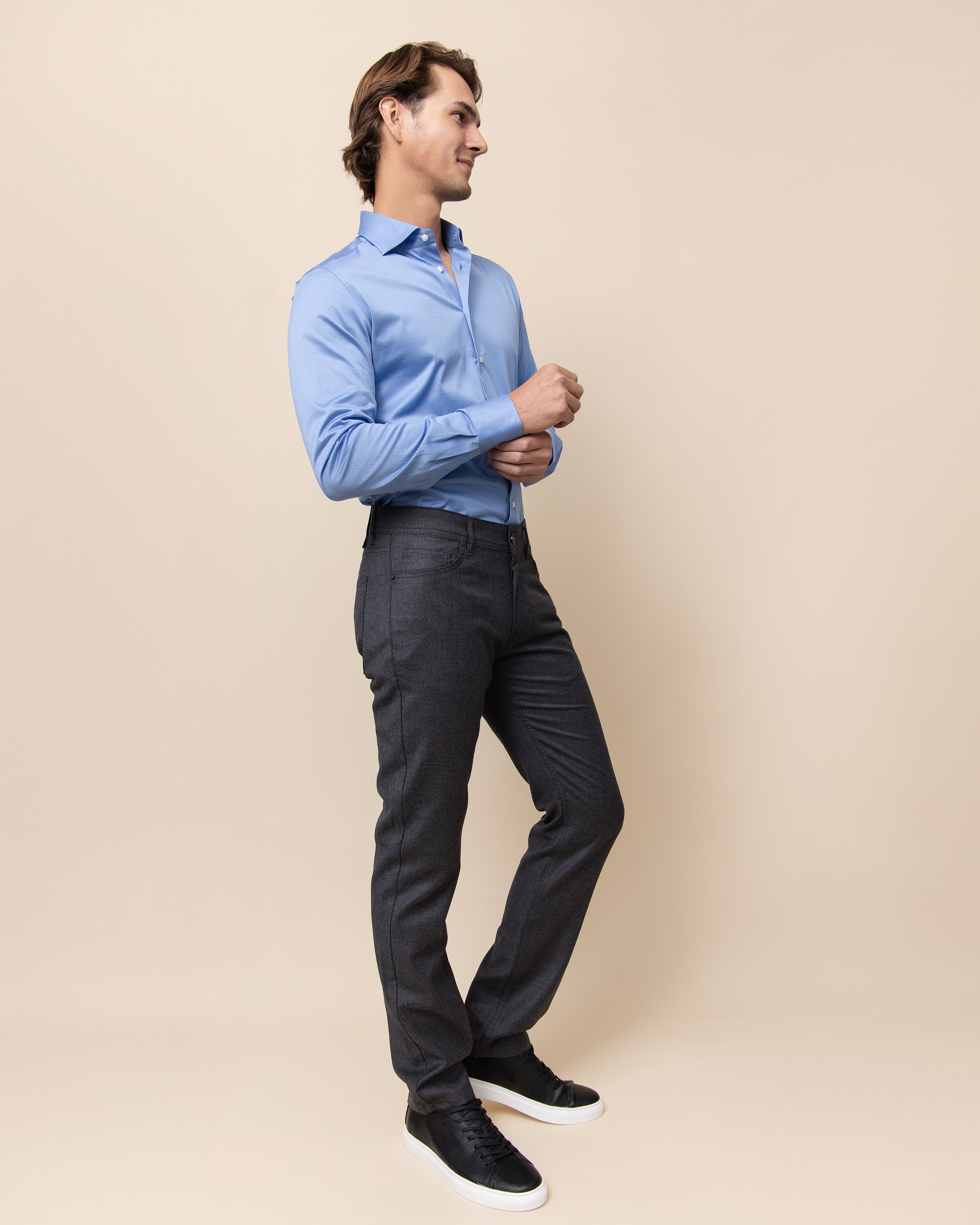 HYDE Orvieto Knit Shirt in Sky Italian cotton — men's luxury long sleeve knit shirt with spread collar and full button front, crafted in Italy