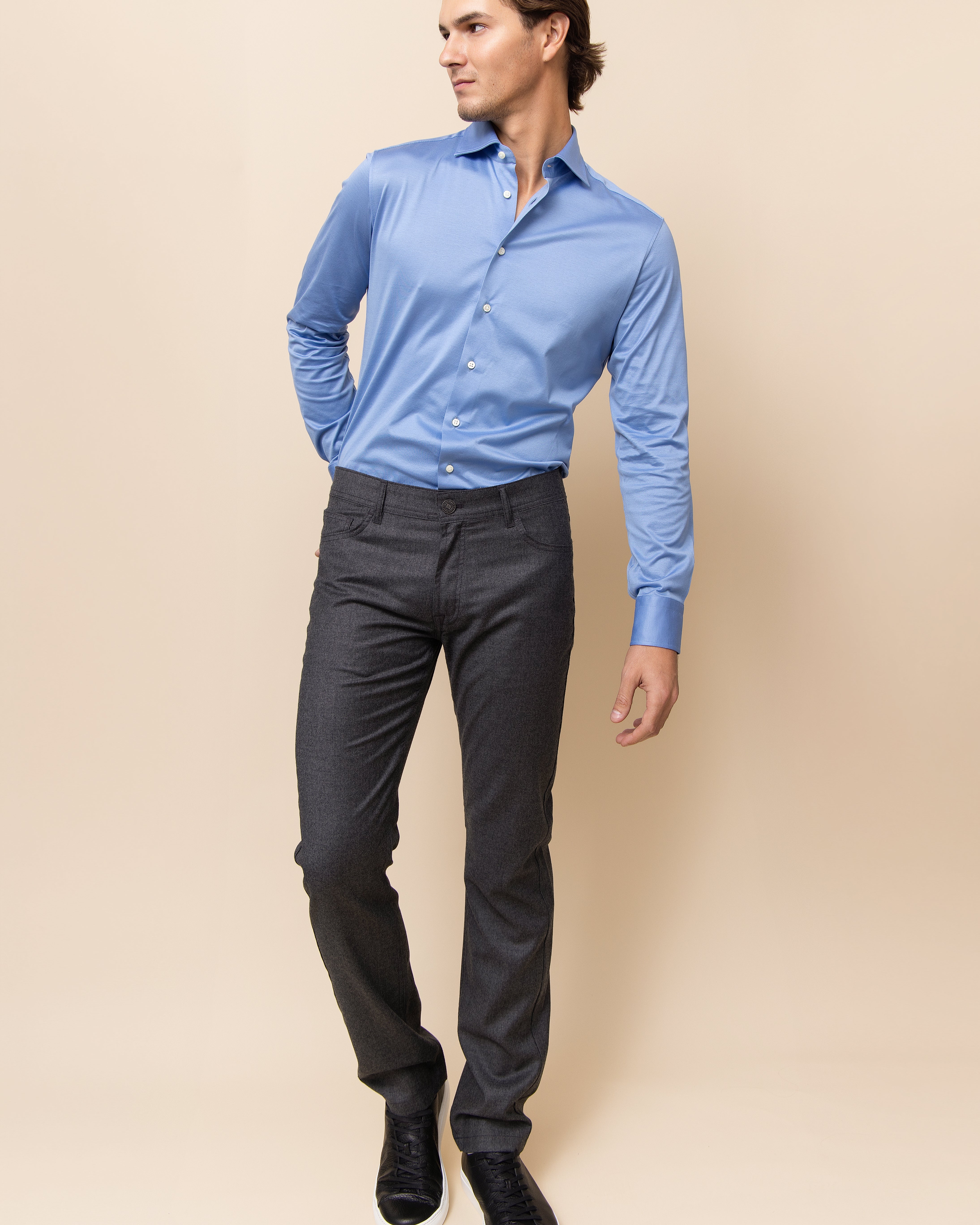 HYDE Orvieto Knit Shirt in Sky — modern spread collar and full button-front construction on 100% Italian cotton knit