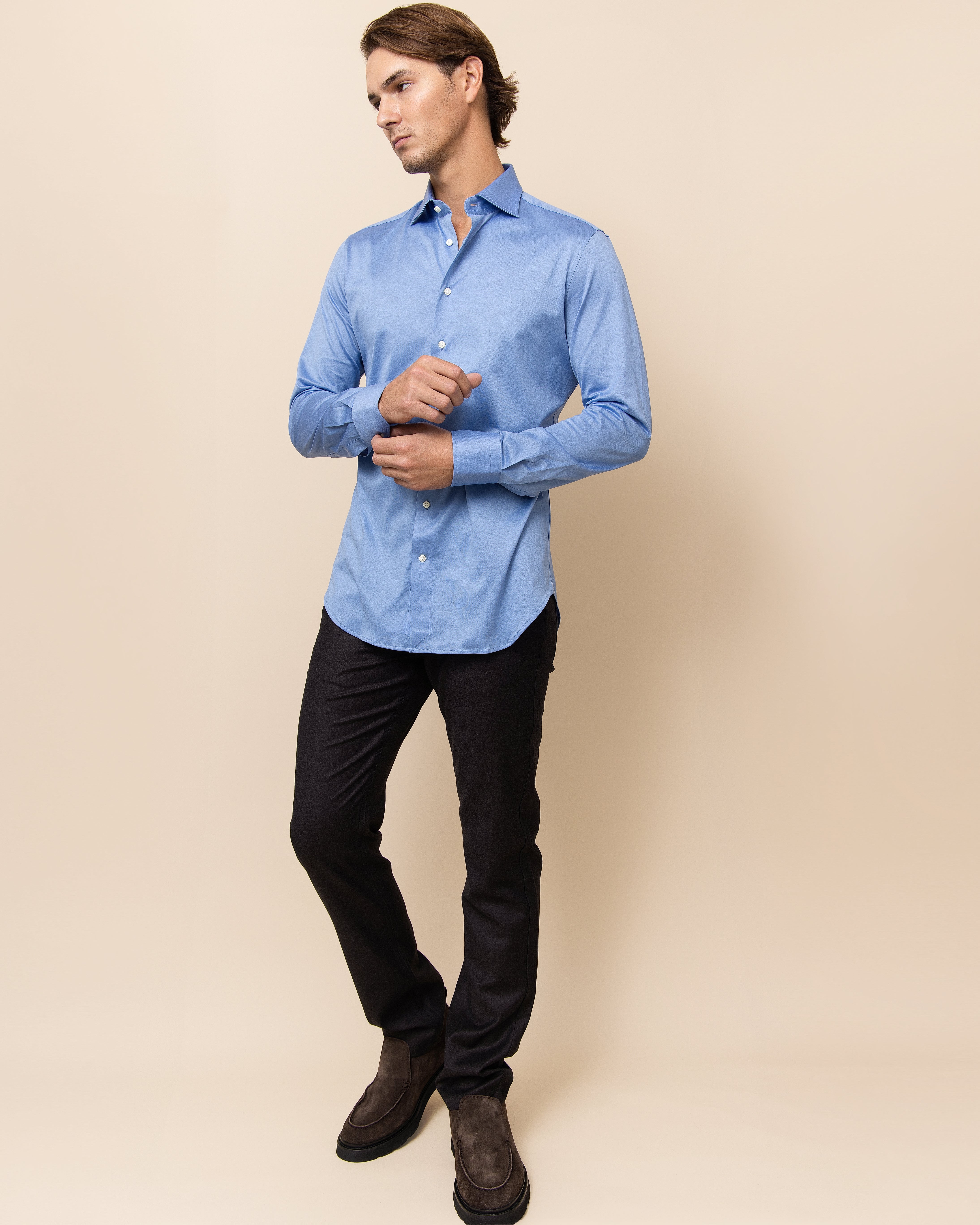 Men's HYDE Orvieto Knit Shirt in Sky — modern tailored fit in lightweight, breathable Italian cotton knit, made in Italy
