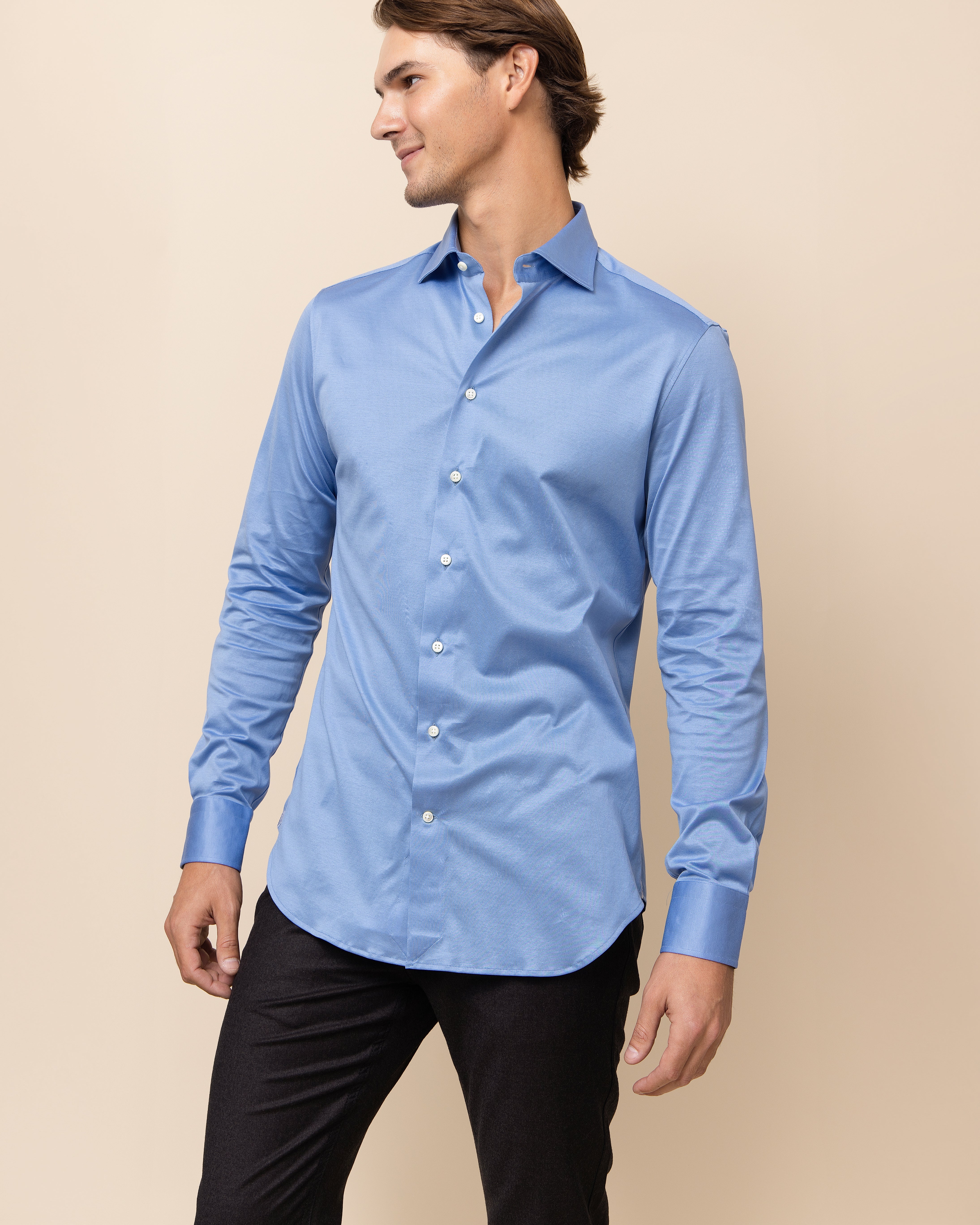 Sky blue HYDE Orvieto knit shirt — refined micro-textured Italian cotton knit with soft hand feel and fluid drape