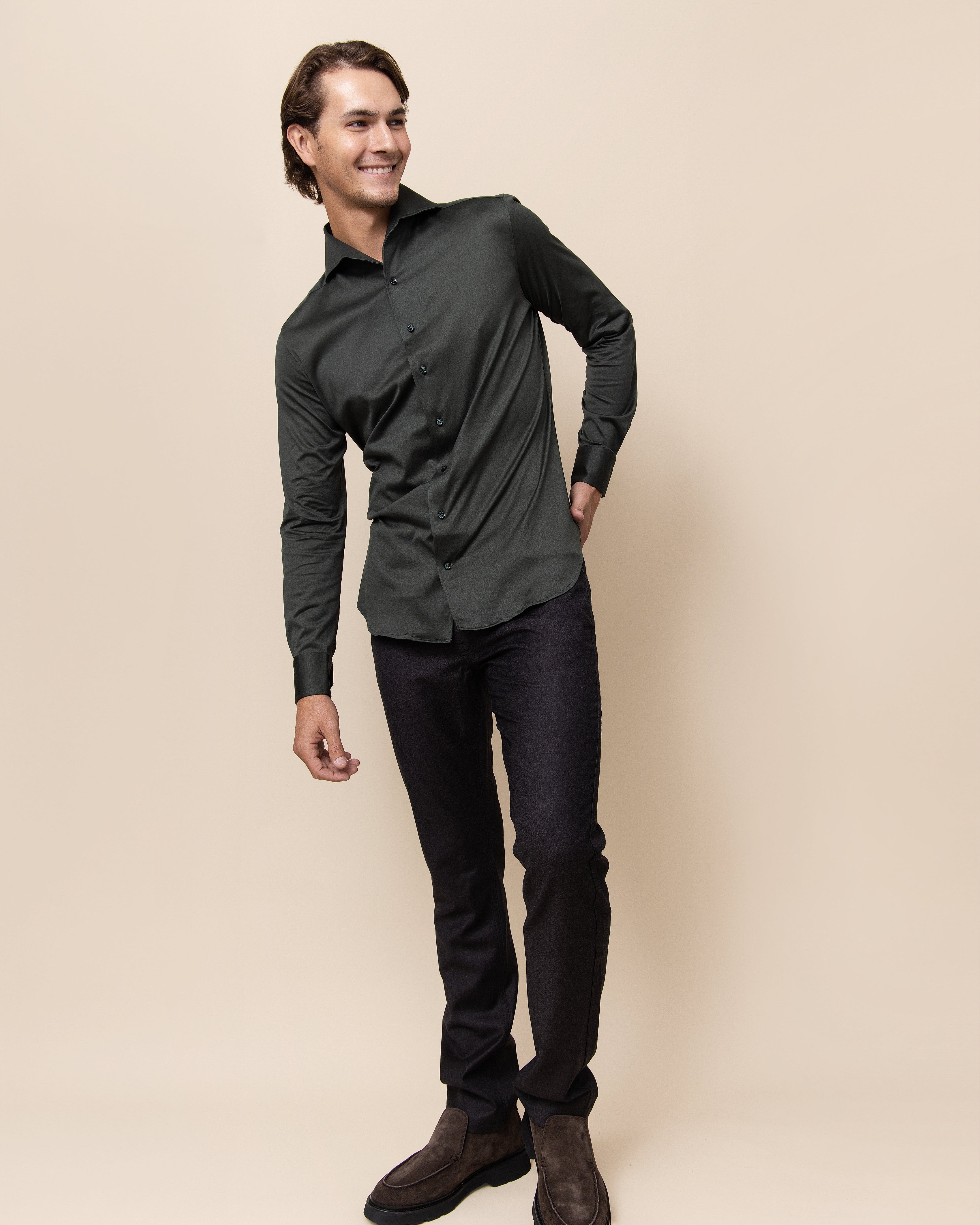 HYDE Parma Knit Shirt in Forest Italian cotton — men's luxury long sleeve knit shirt with spread collar and full button front, crafted in Italy