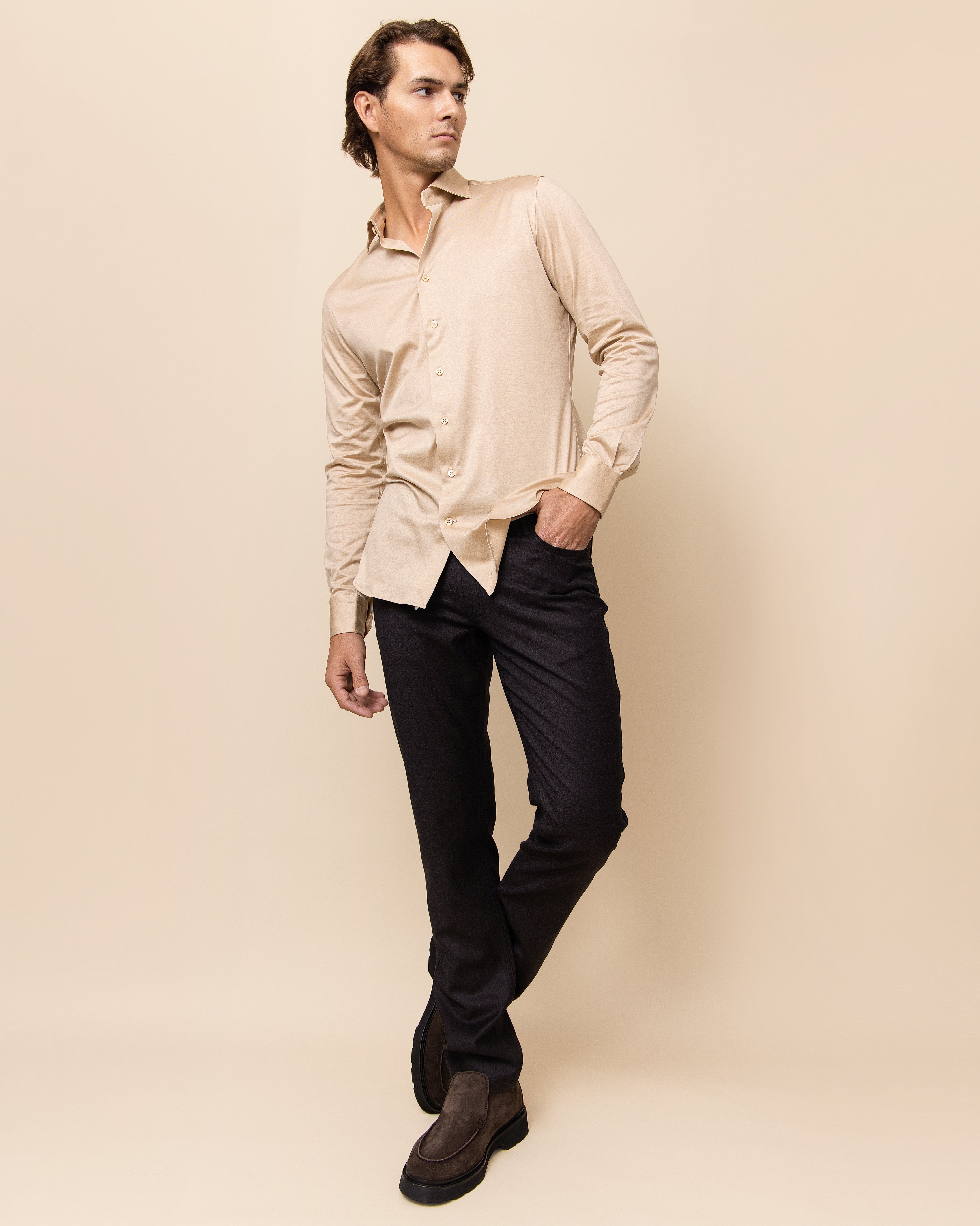 HYDE Parma Knit Shirt in Ivory Italian cotton — men's luxury long sleeve knit shirt with spread collar and full button front, crafted in Italy