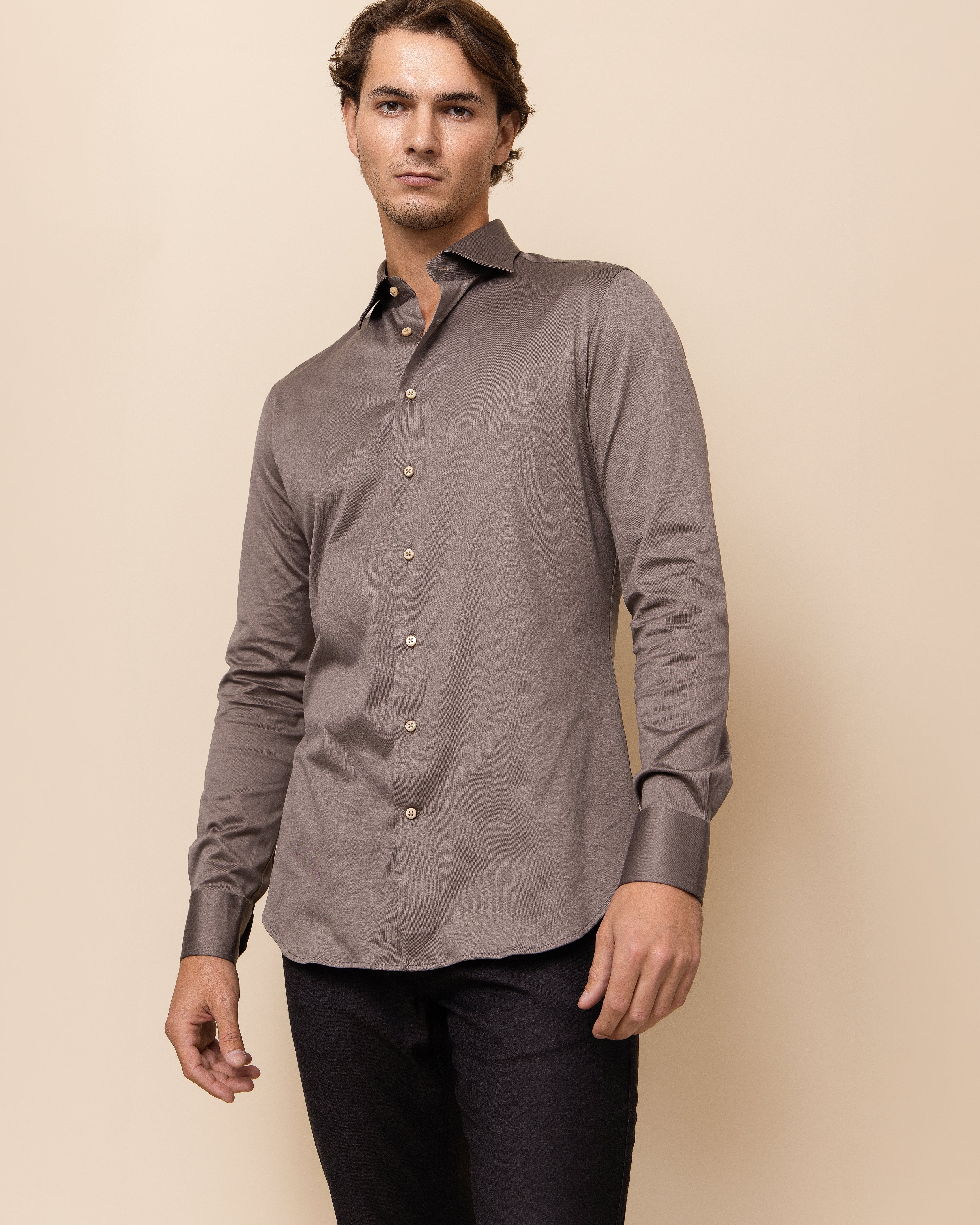 HYDE Parma Knit Shirt in Taupe — exceptionally smooth hand feel and fine gauge knit surface, Italian craftsmanship