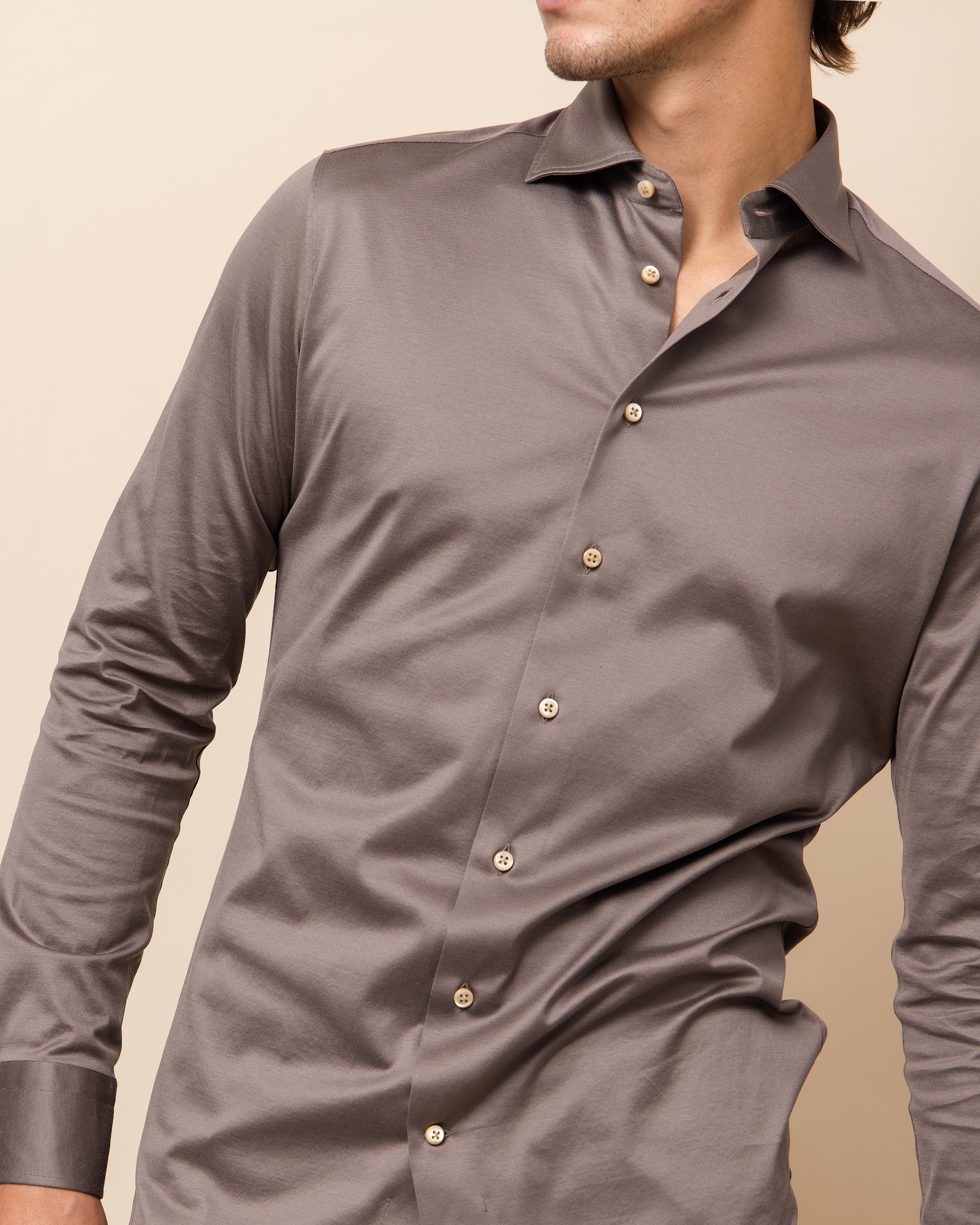 Men's HYDE Parma Knit Shirt in Taupe — modern tailored fit in lightweight, breathable fine gauge Italian cotton