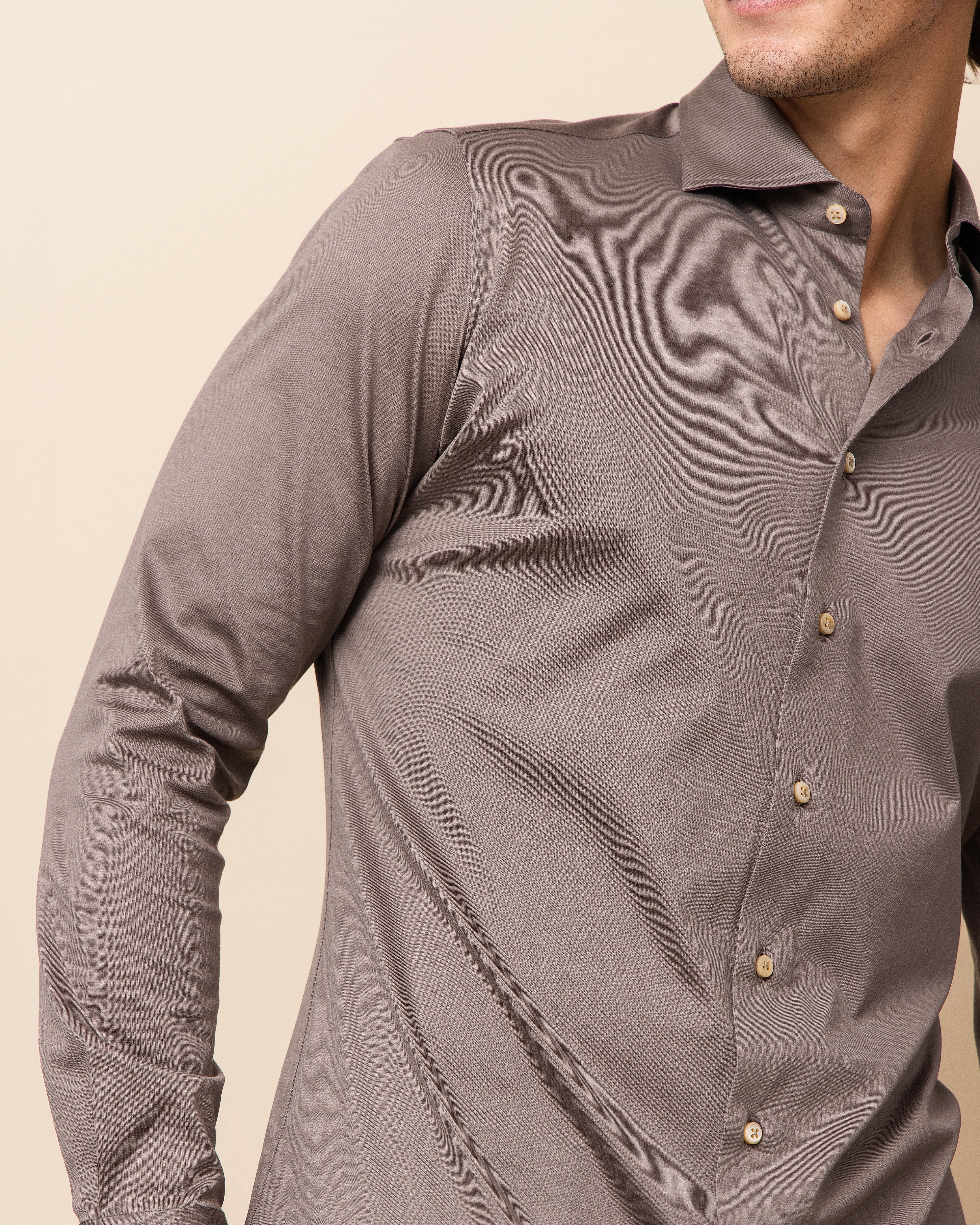 HYDE Parma Taupe knit shirt — warm grey-brown neutral tone with full button-front construction and natural stretch, made in Italy