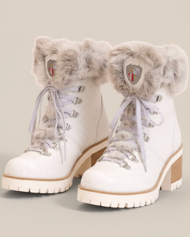 Alisa Perla Fur-Trimmed Croc Embossed Leather Winter Boots | Luxury Heeled Boots