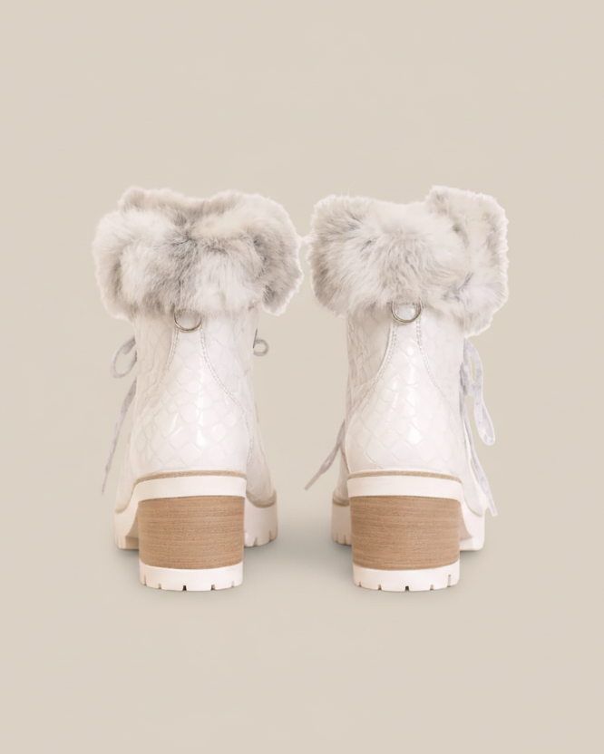 Alisa Perla Fur-Trimmed Croc Embossed Leather Winter Boots | Luxury Heeled Boots
