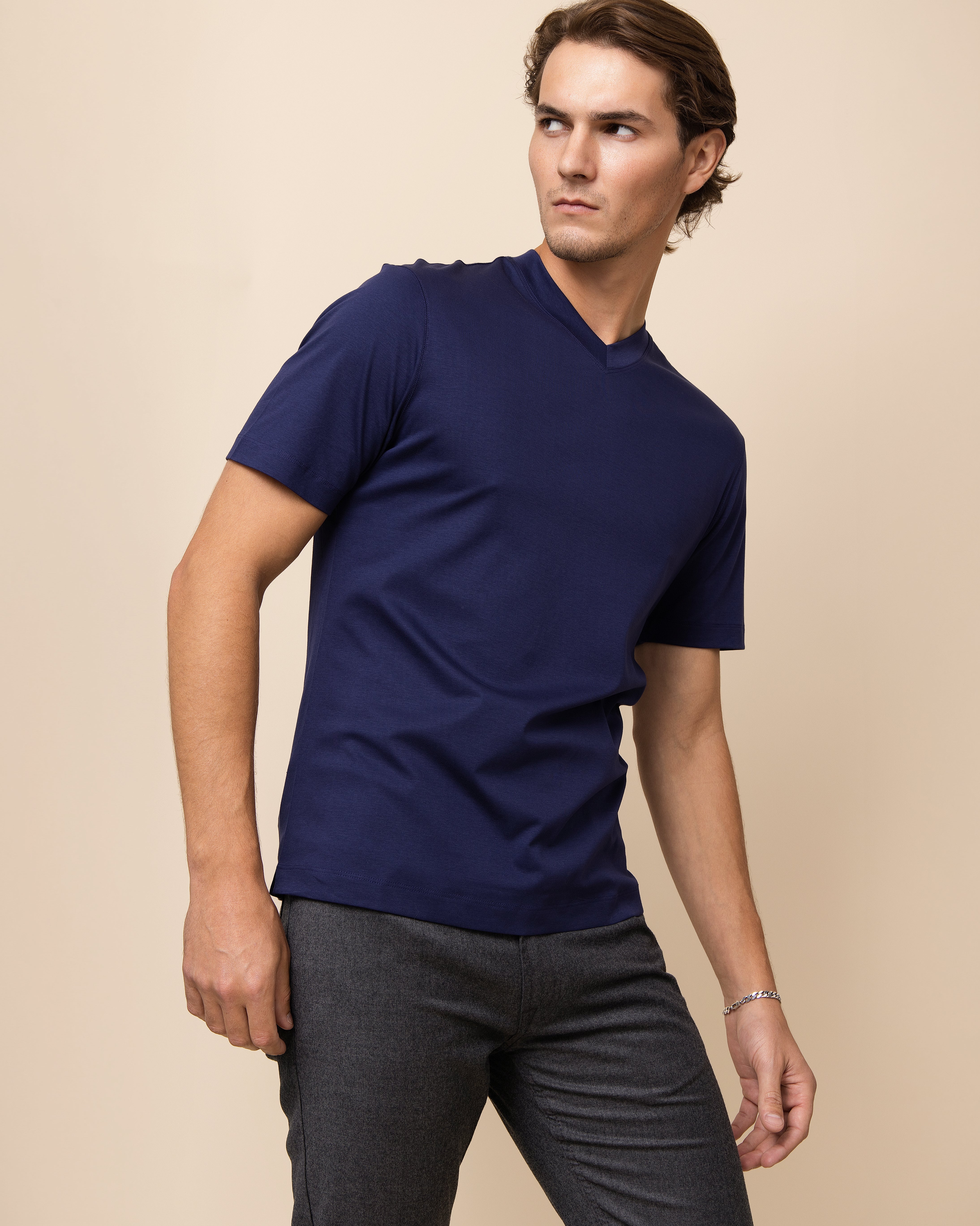 HYDE Positano men's luxury V-neck tee in navy, Supima cotton drape and clean sleeve and hem finish