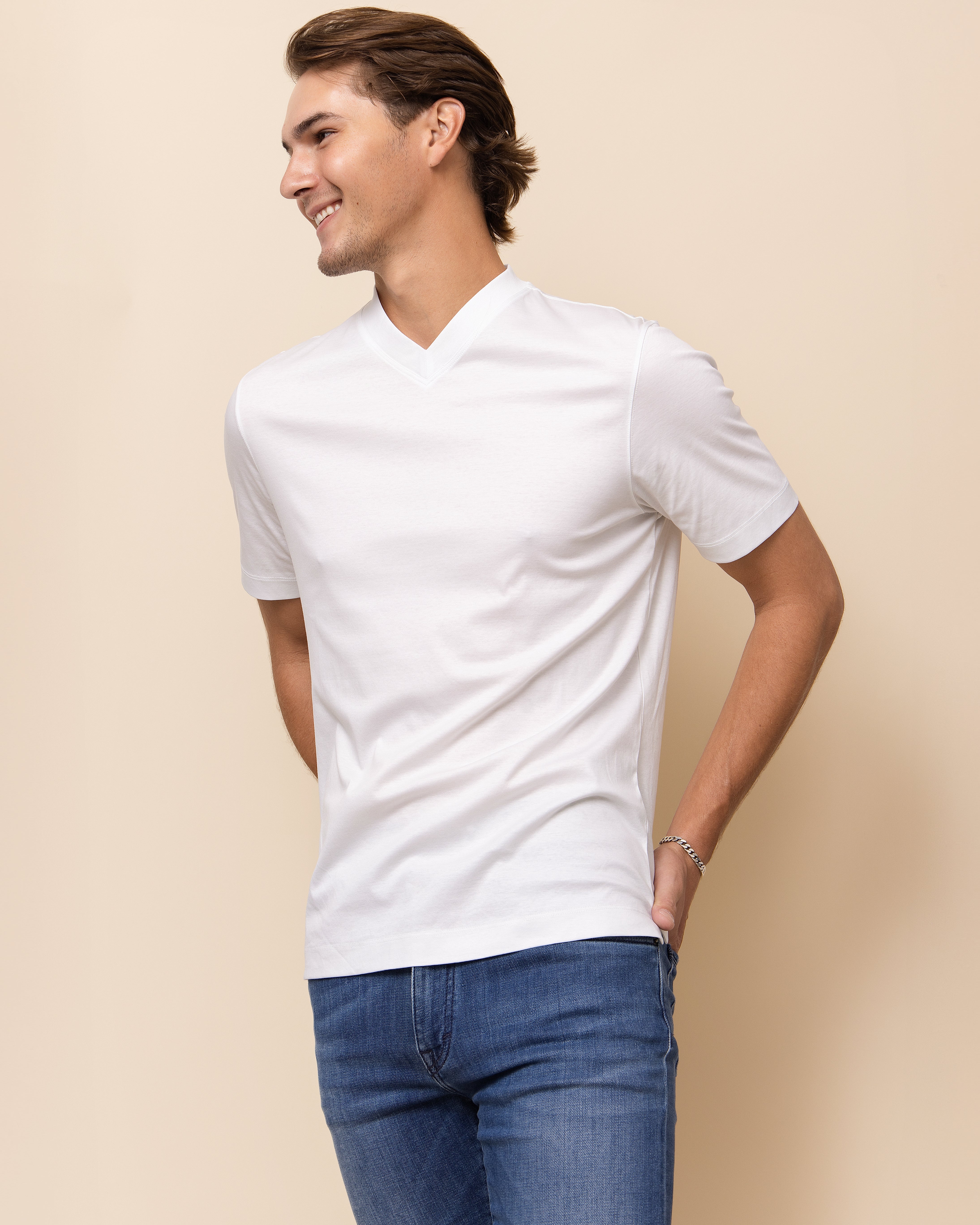 HYDE Positano Supima cotton luxury V-neck tee in white, quiet luxury resort wear layering piece