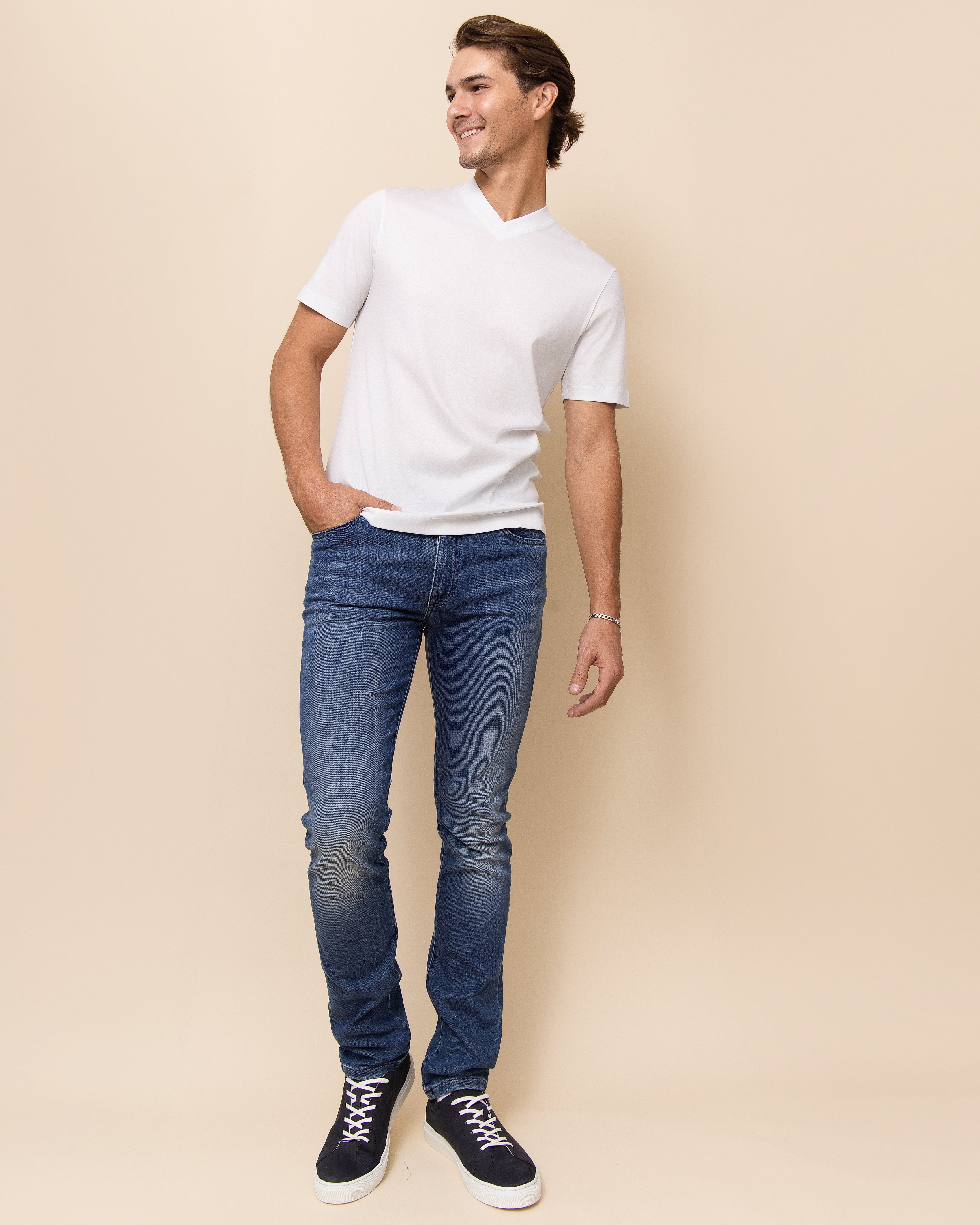 HYDE Positano white Supima cotton luxury V-neck tee by Emiliano Zapata, men's premium Italian pique jacquard t-shirt