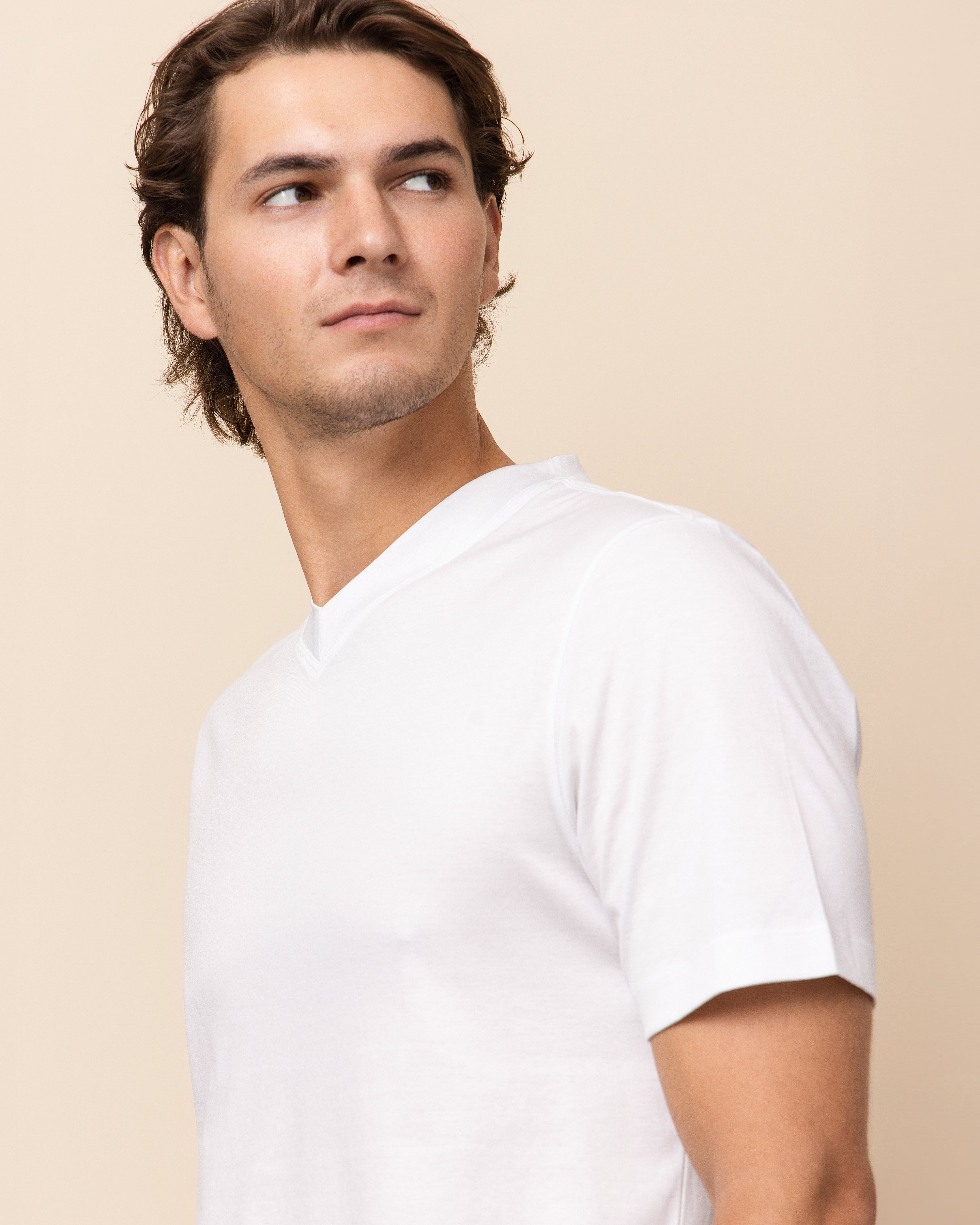 Emiliano Zapata white Supima cotton V-neck tee for men, clean sleeve and hem finish with soft drape