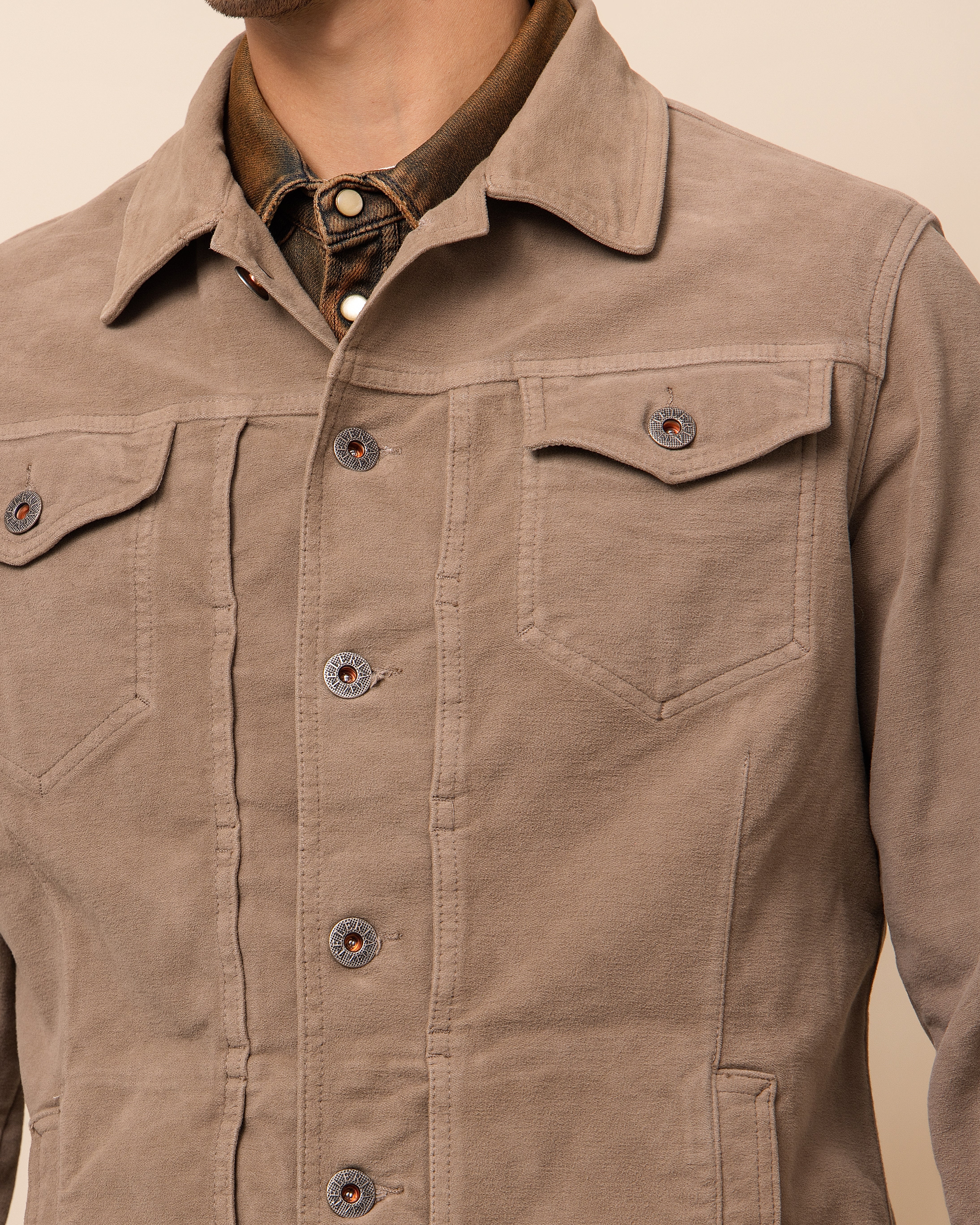 HYDE Russell Western Jacket in Tortora — Western-style front yoke and double snap chest pockets on Italian brushed cotton moleskin