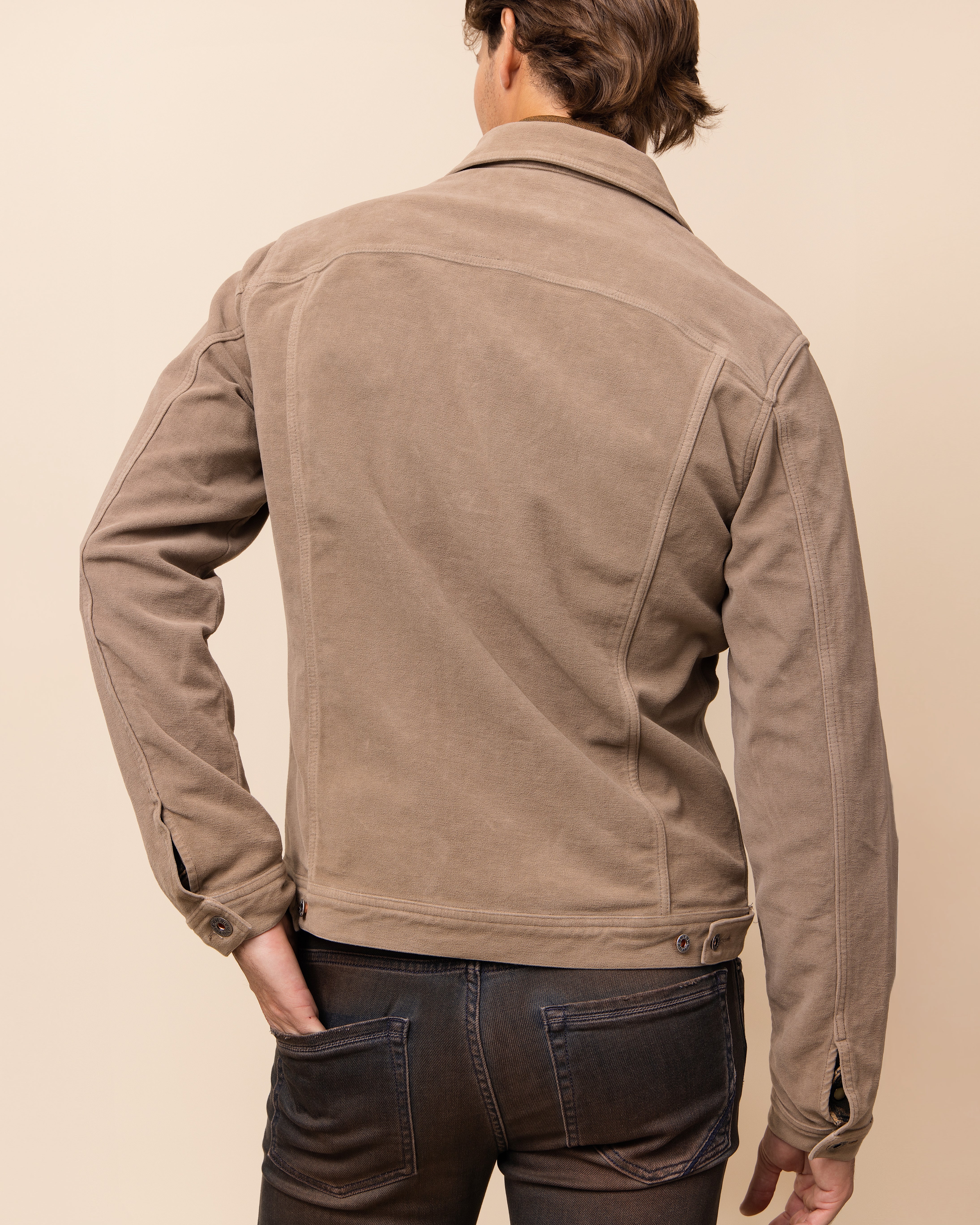 Tortora HYDE Russell moleskin jacket — soft grey-taupe garment-dyed finish showing the brushed, suede-like nap of Italian moleskin